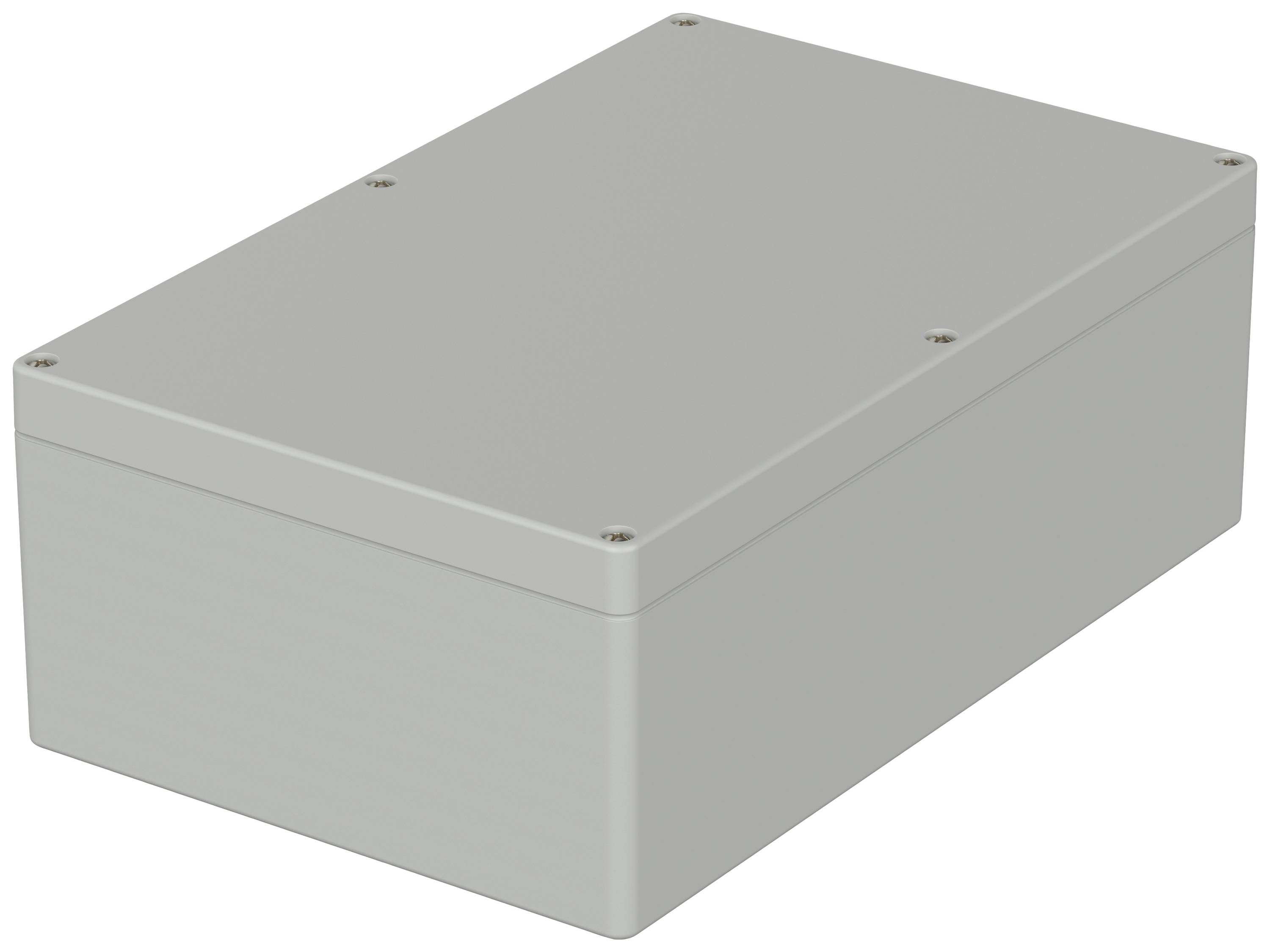 Rectangular grey plastic enclosure with a removable cover, secured with screws at the corners, suitable for electronic connections.