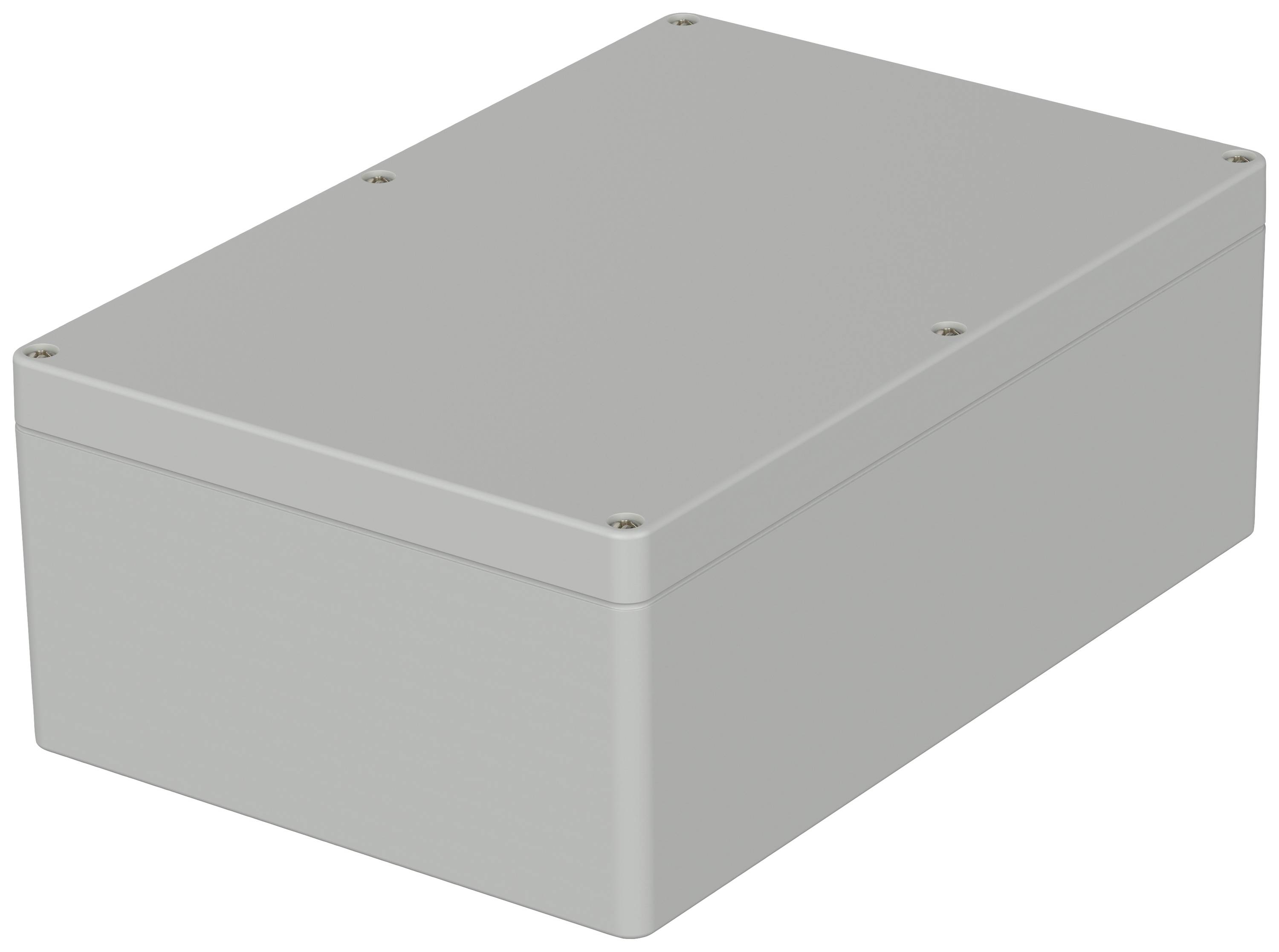 Grey, rectangular enclosure with a removable lid, secured with screws at each corner.