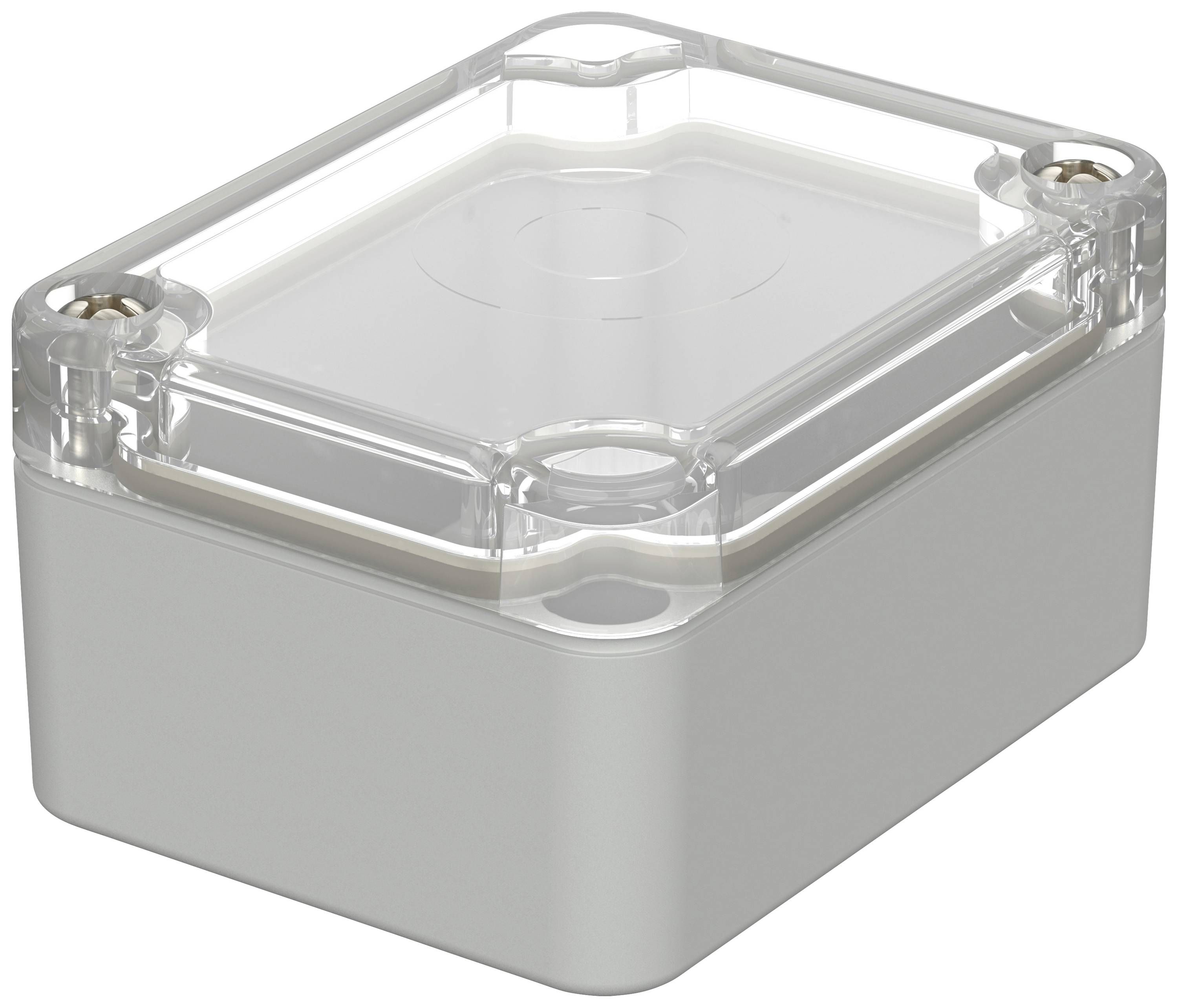 Rectangular white plastic enclosure with a transparent lid and screws in the corners, suitable for electronic components.