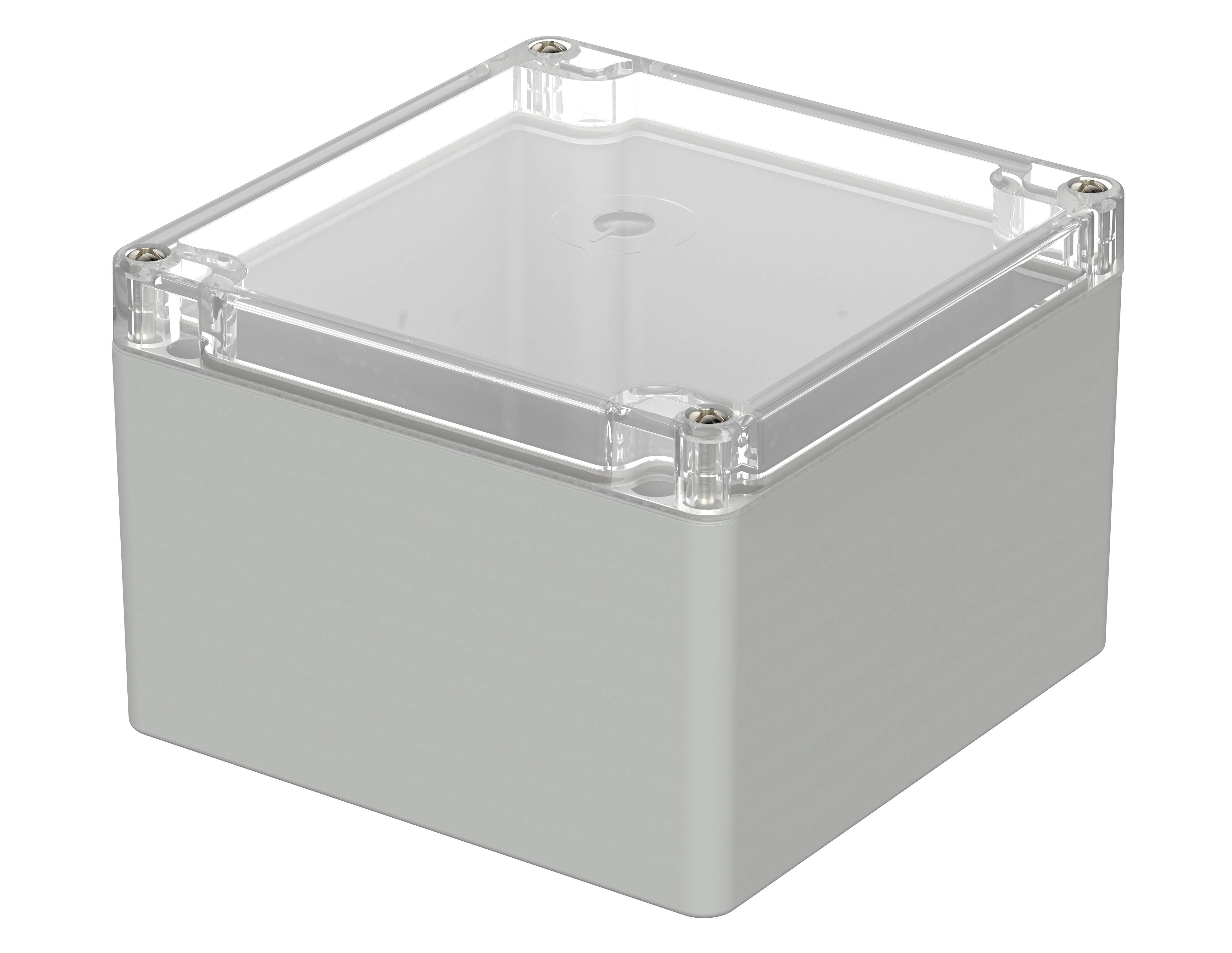 Transparent plastic box with removable lid, square-shaped, for storing electronic components or small devices.