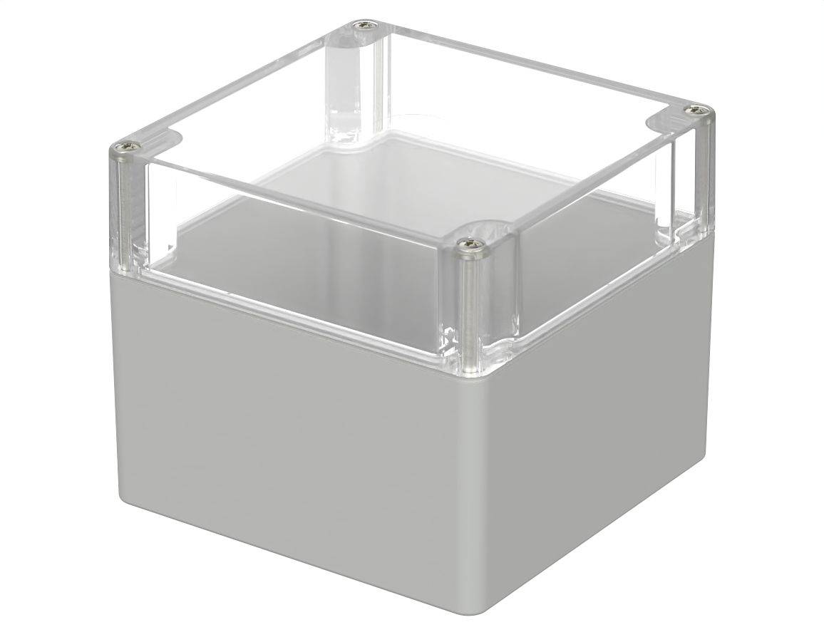 Grey, square plastic housing with transparent, removable lid.
