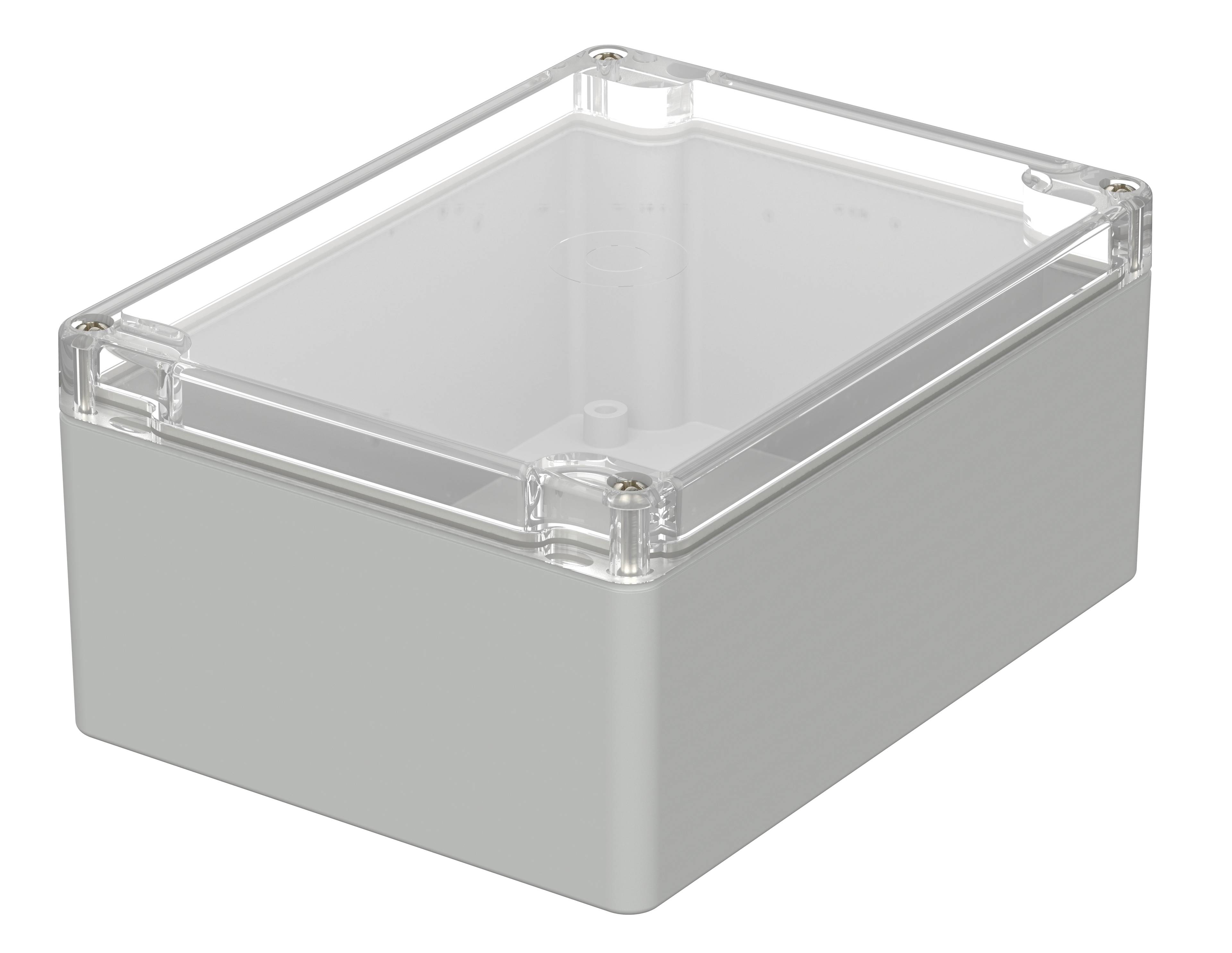 Rectangular, grey plastic enclosure with a transparent lid, suitable for electronic components or installations.