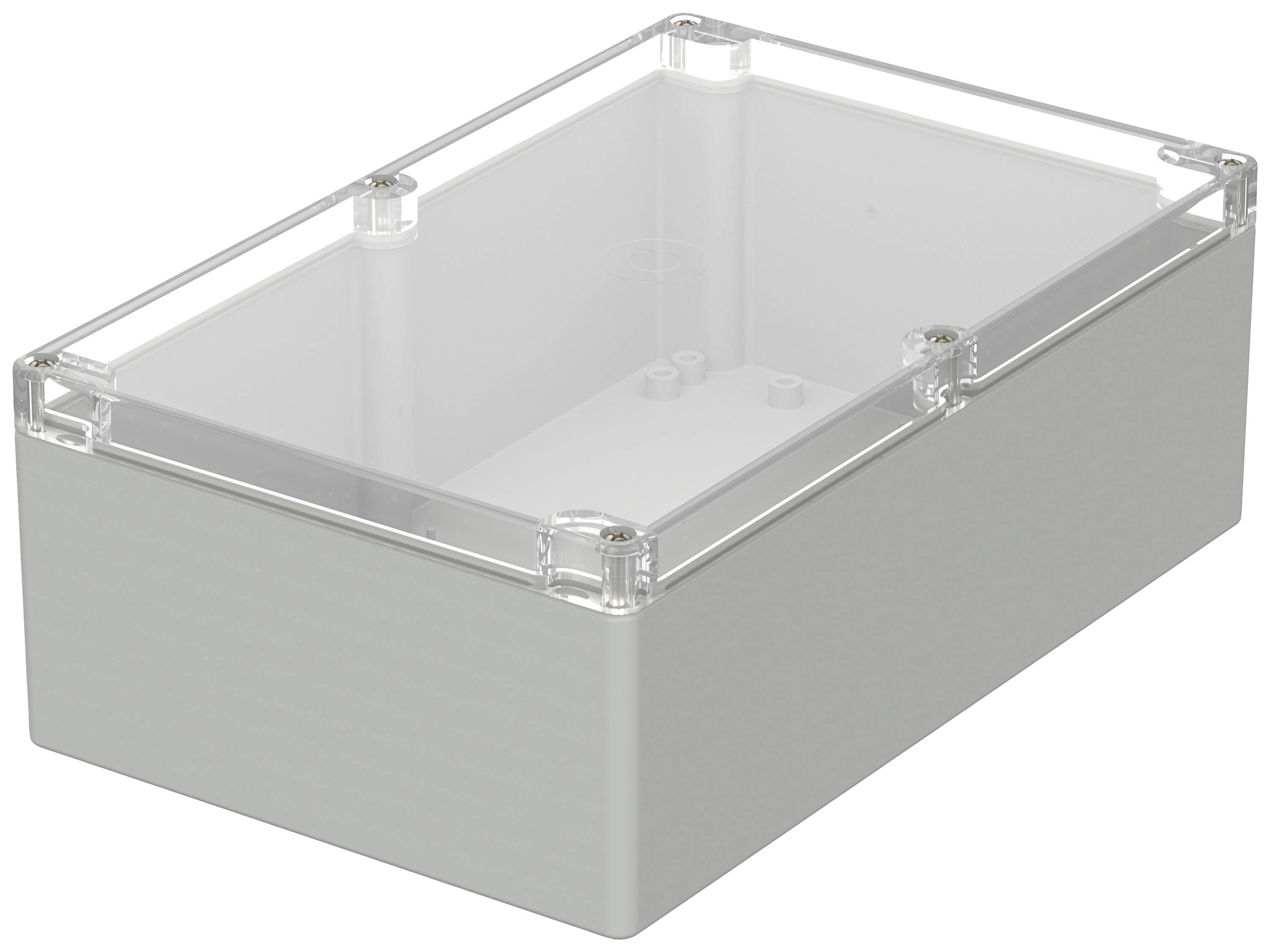 A rectangular, grey enclosure with a transparent lid. Suitable for electronics or circuit boards, showing mounting points.