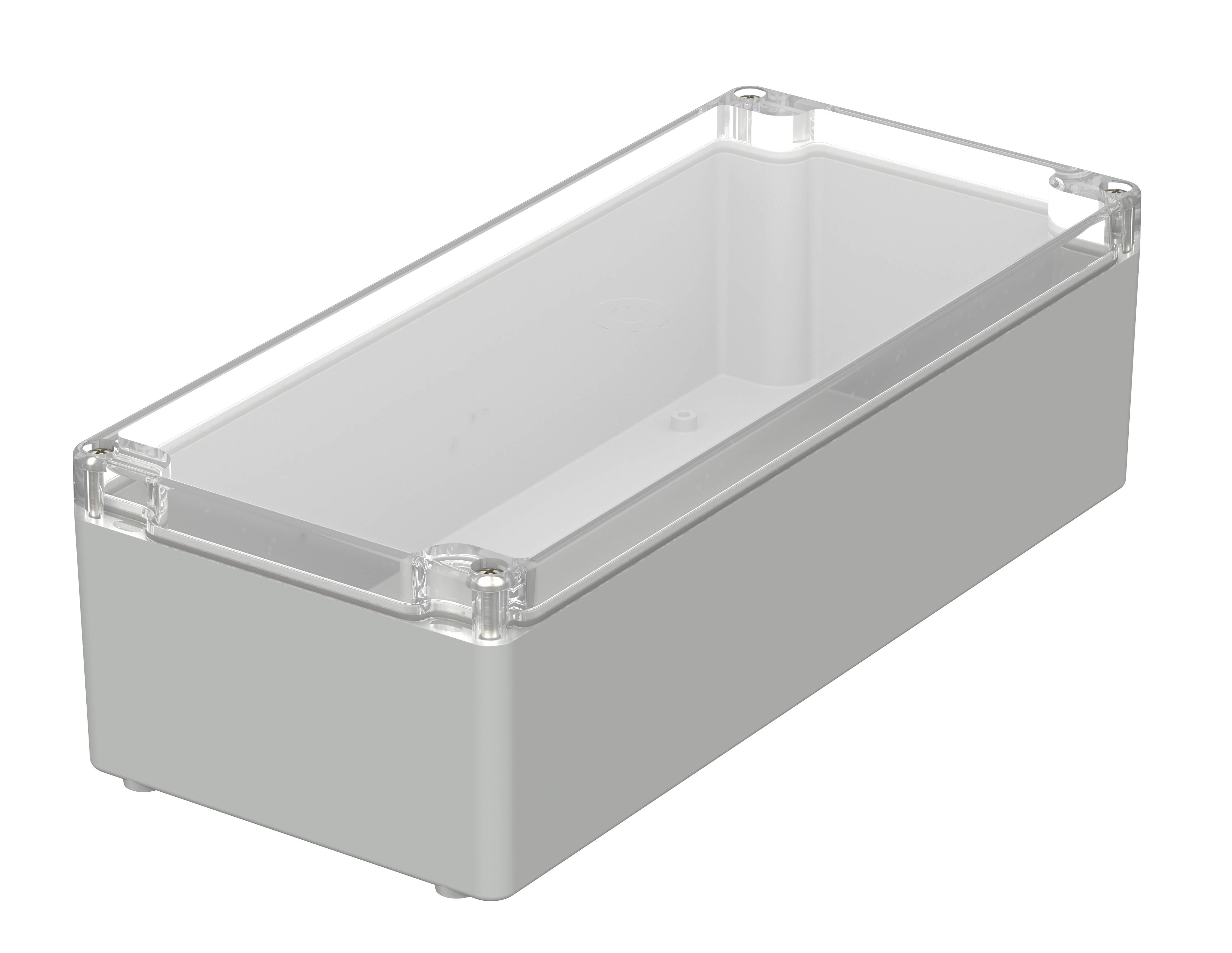 A rectangular, white enclosure with a transparent lid, suitable for electrical or electronic use.