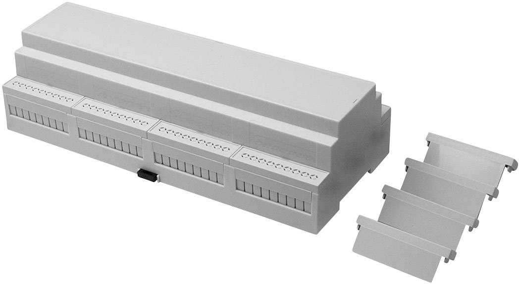 A rectangular, grey distribution box with removable covers. Suitable for organising electrical connections.