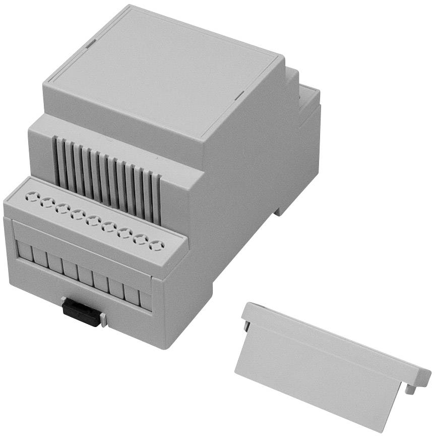 A grey-white plastic enclosure for electrical installations with a removable lid, suitable for DIN rail mounting.