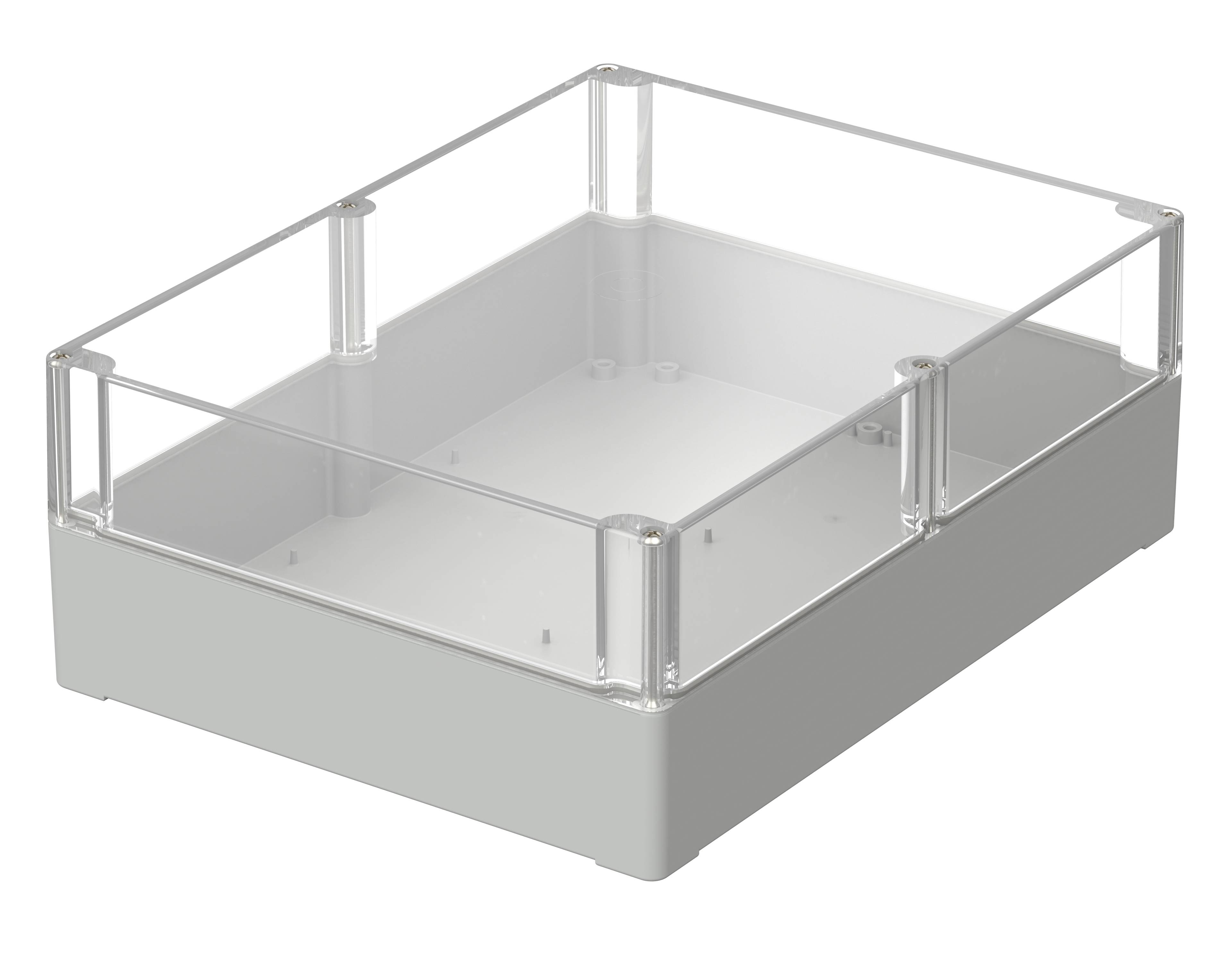 Transparent plastic box with an open lid, rectangular and colourless, standing on a grey base.