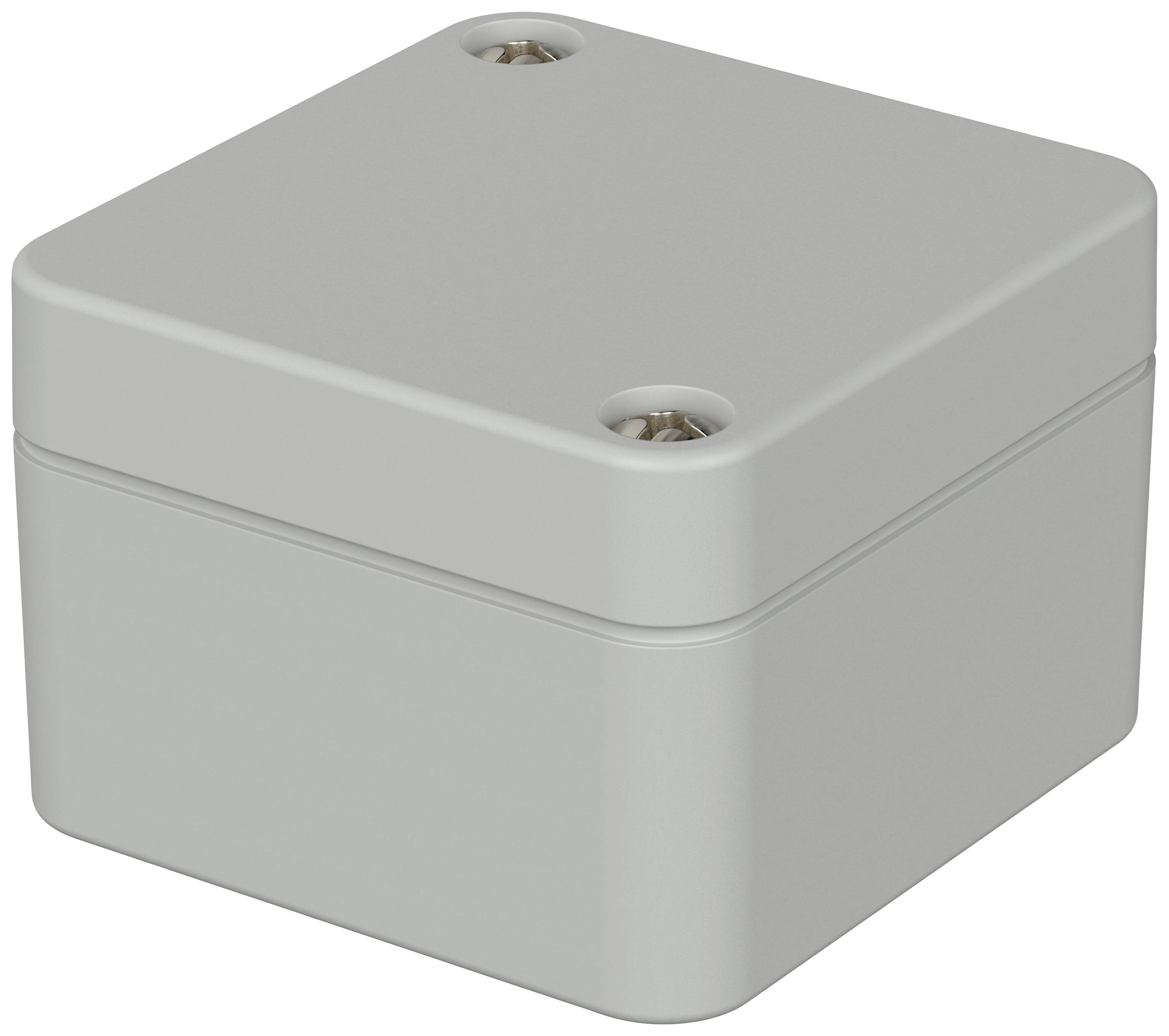 A rectangular, grey plastic enclosure with rounded edges and two screw heads on top, likely for electronic assembly.