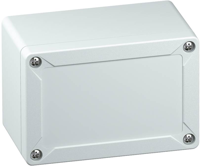 A rectangular grey enclosure with four visible screws at the corners. The enclosure is closed and smooth.