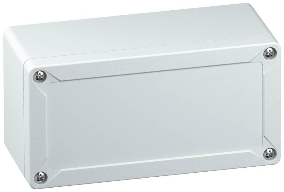 Rectangular white enclosure with four corner screws, suitable for protecting electronic devices or circuits.