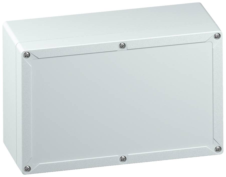 Rectangular, silver-coloured enclosure with screws at the corners; used for securely storing technical devices or connections.