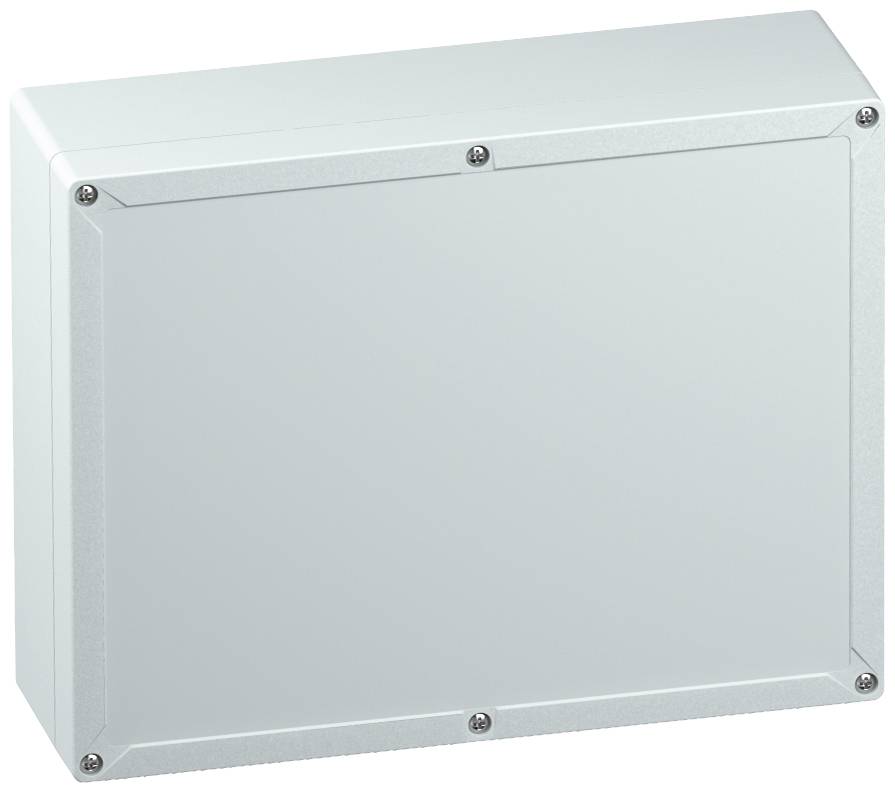 Metallic enclosure with a silver surface and visible screws at the corners, suitable for protecting electronic components.