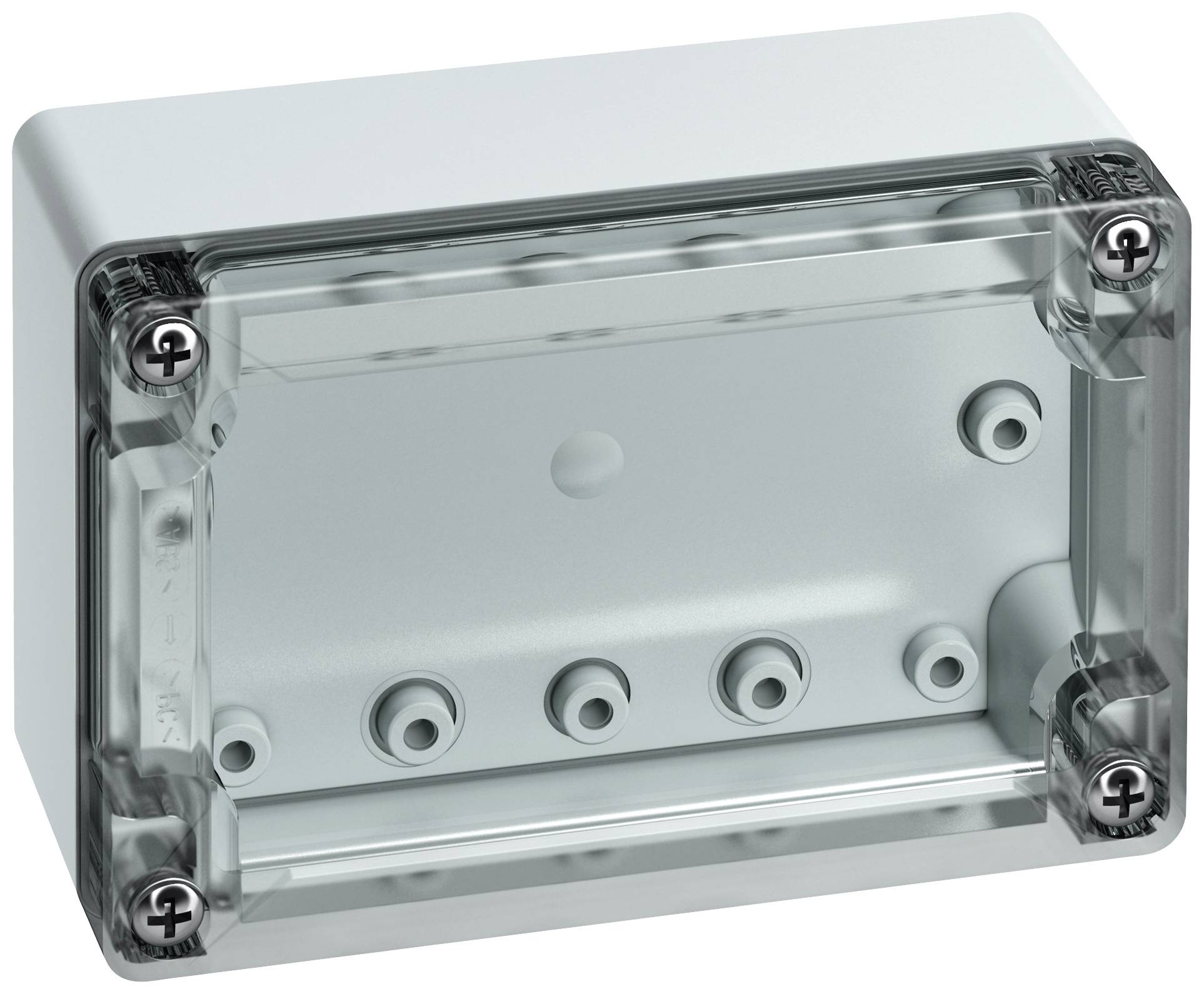White plastic junction box with transparent lid and five round openings, suitable for electrical wiring and installations.