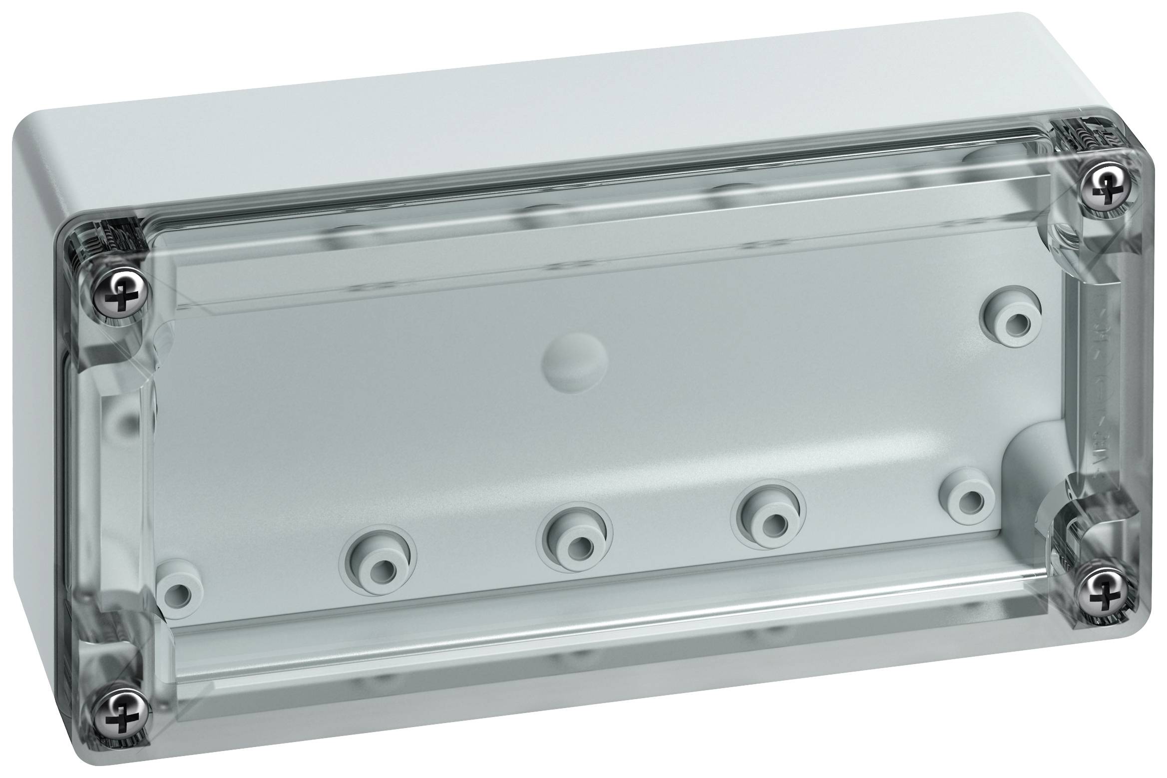 A rectangular, transparent plastic protective enclosure with four screws at the corners, suitable for electronic and cable connections.