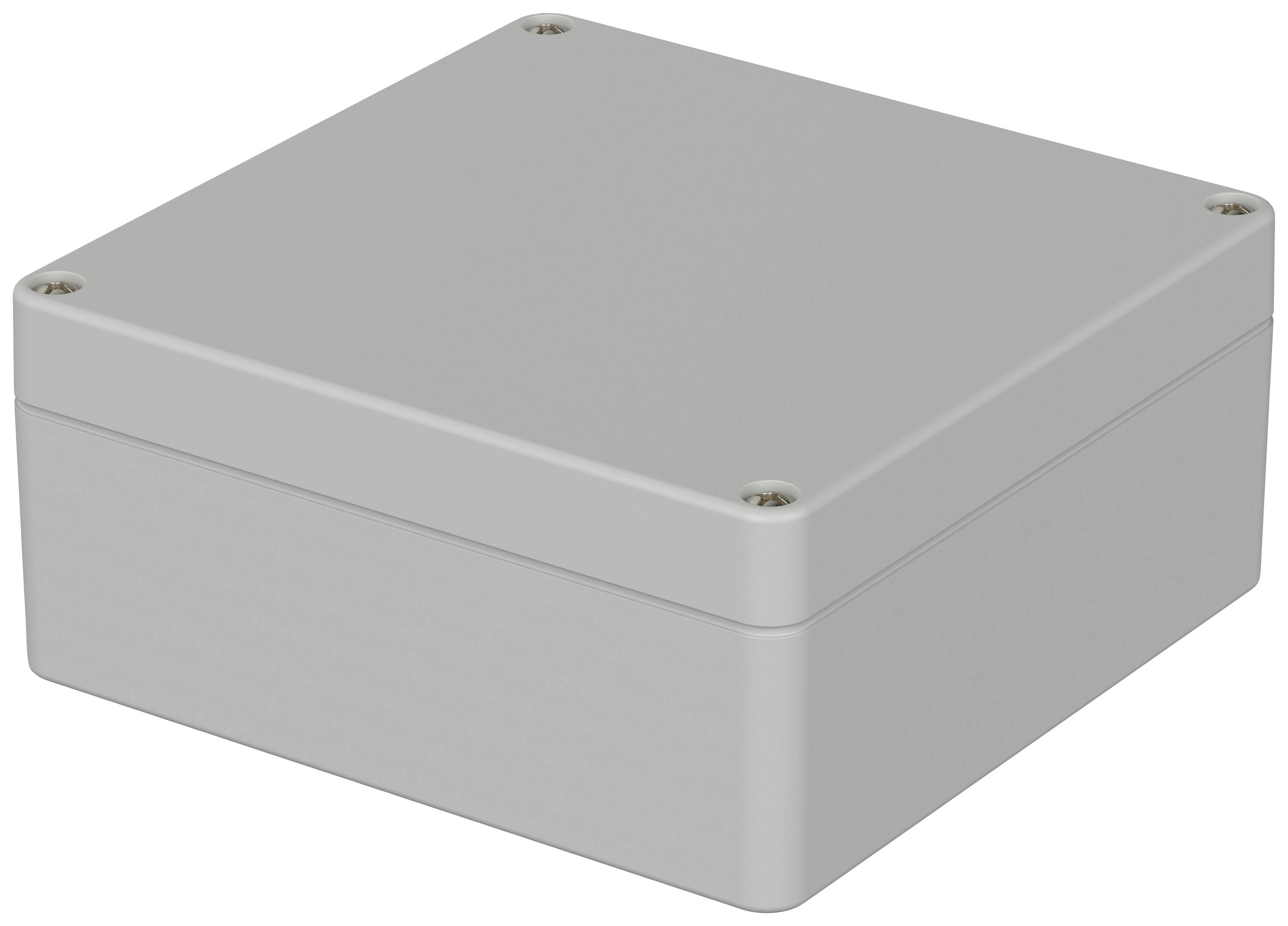 A rectangular, grey plastic enclosure with four screws at the corners. It is sealed and displays a smooth surface.