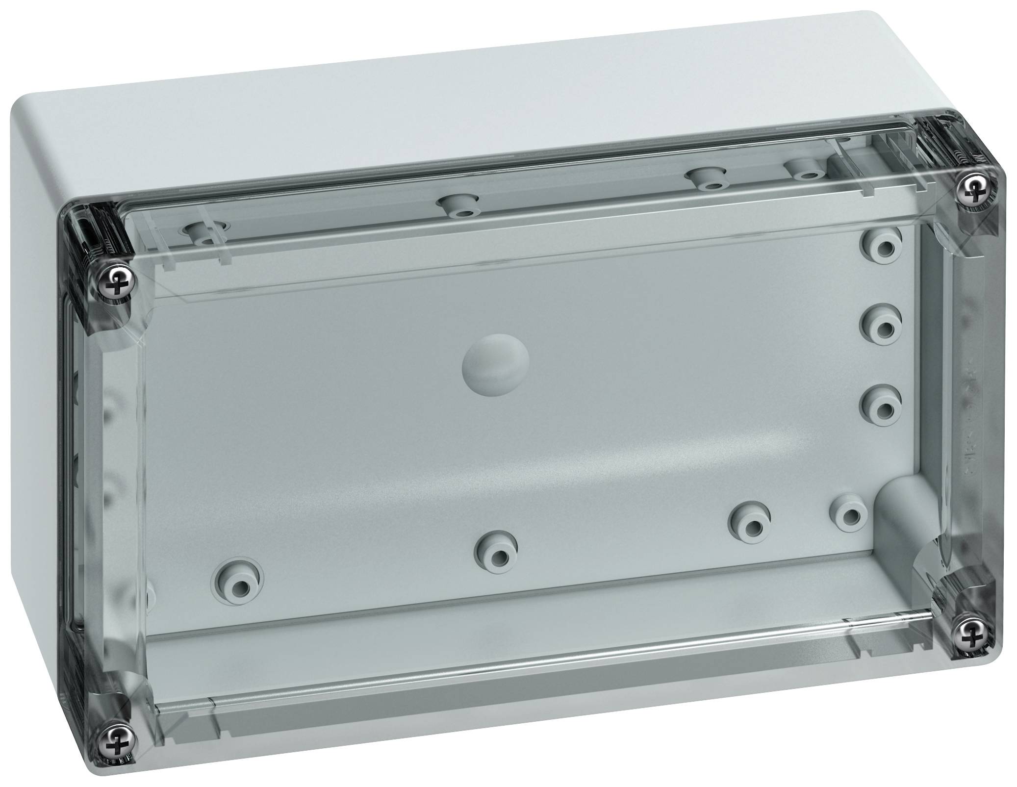 Electrical junction box with transparent lid, rectangular shape, cable entry holes at the rear.