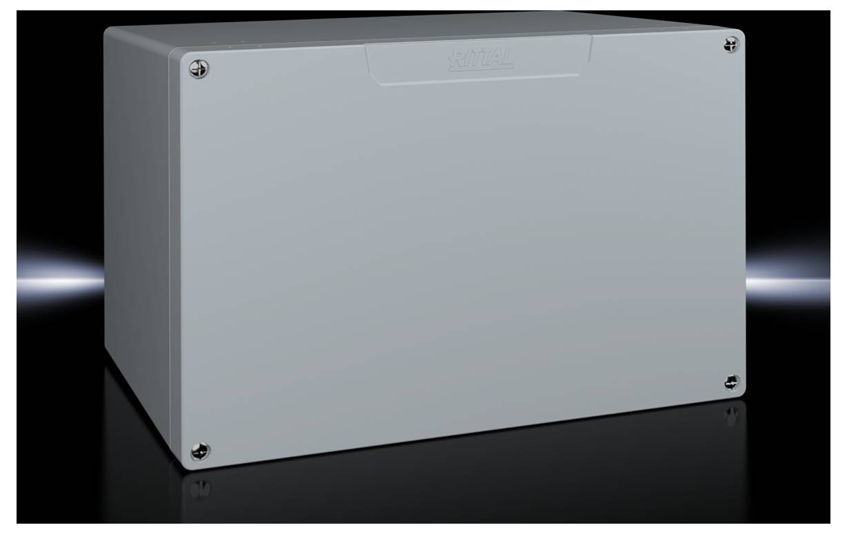 A grey, rectangular enclosure with screws at the corners against a black background.