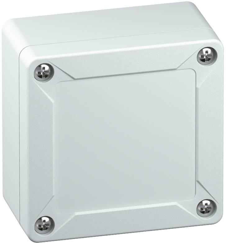 A grey plastic connection coupling with a square shape and four screws at the corners, used for protecting electrical connections.