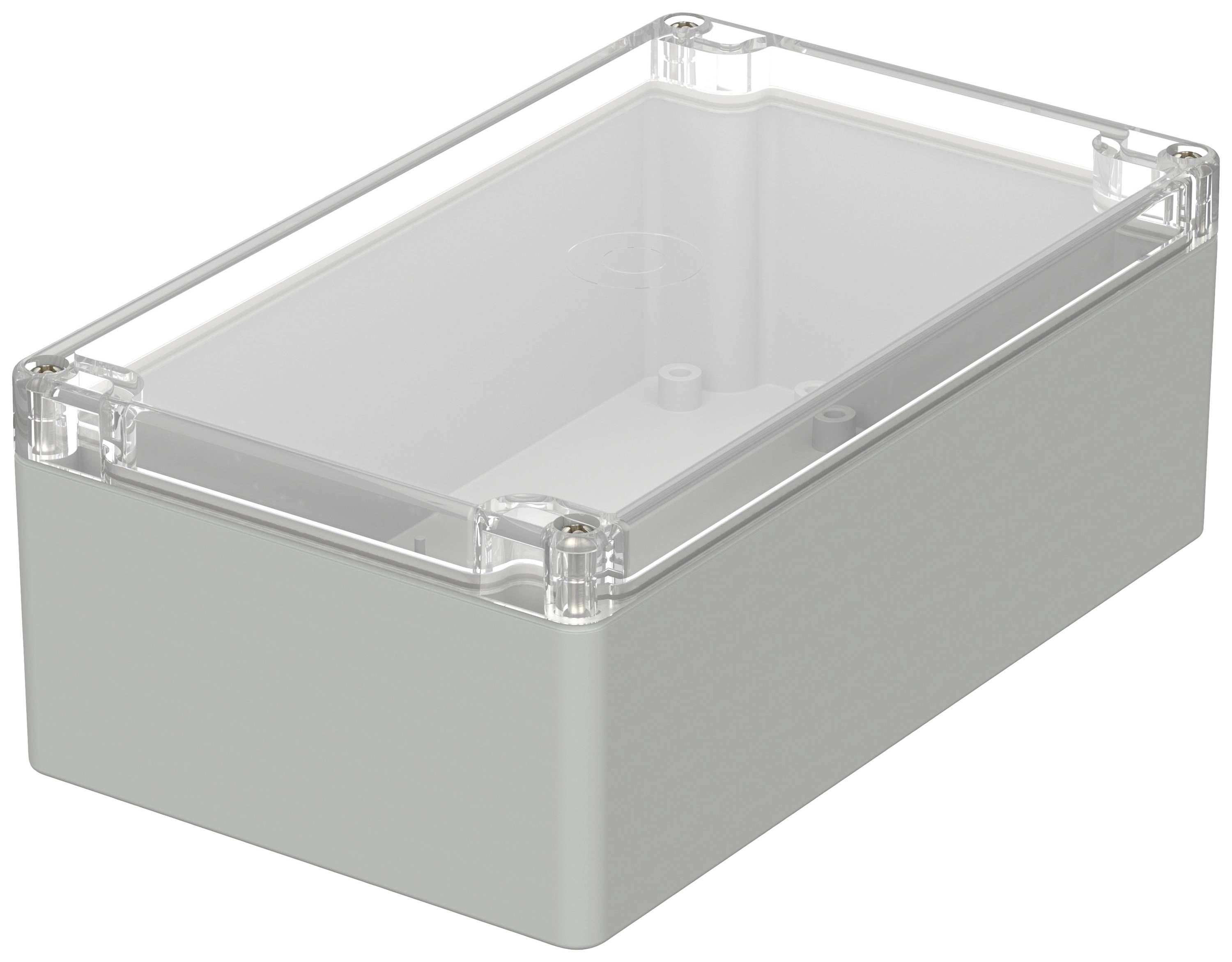 Rectangular plastic enclosure with transparent lid, suitable for electronic components, high protection rating and robust.