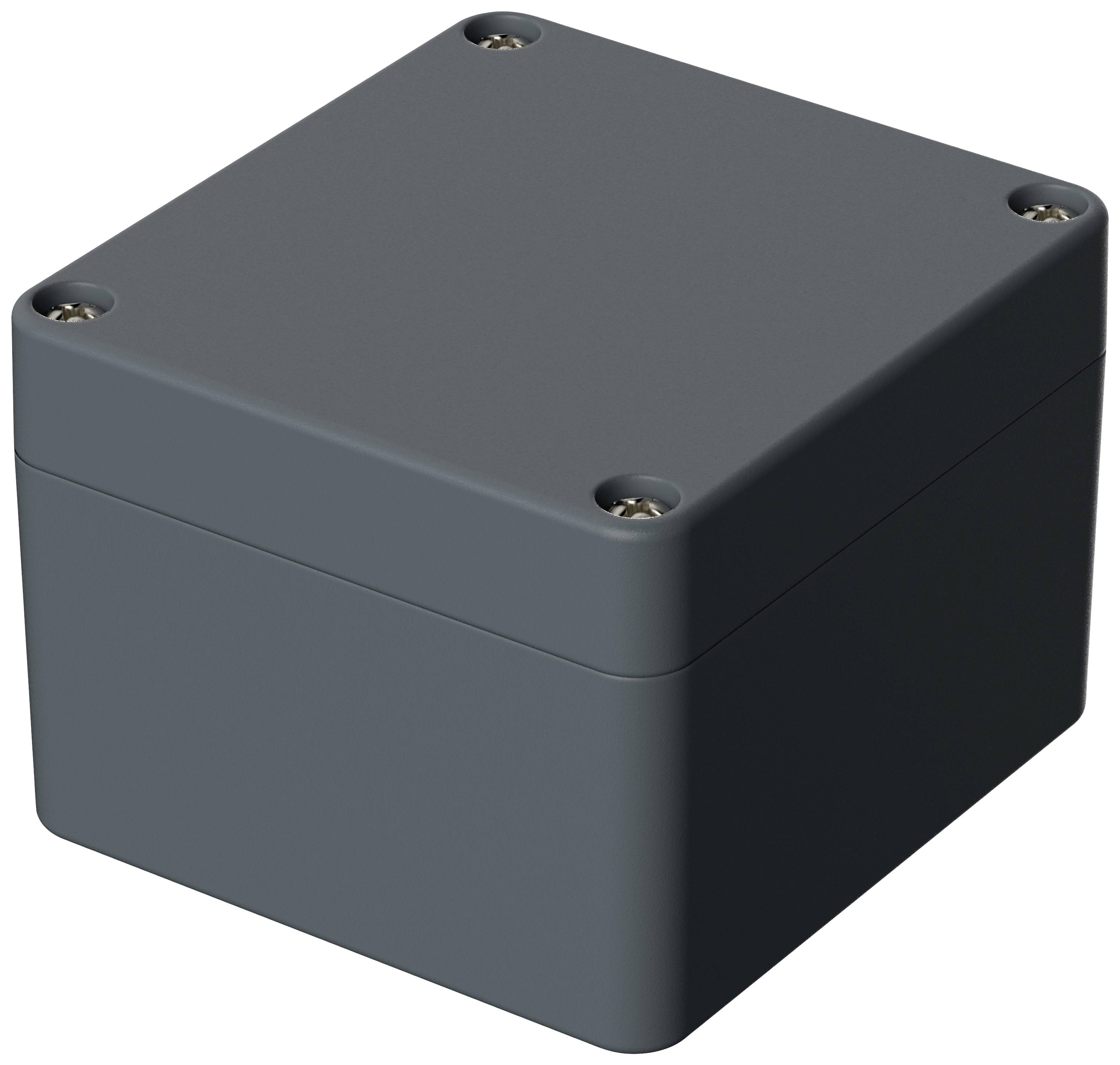 A dark, square plastic box with rounded corners and screws at each corner of the top surface.