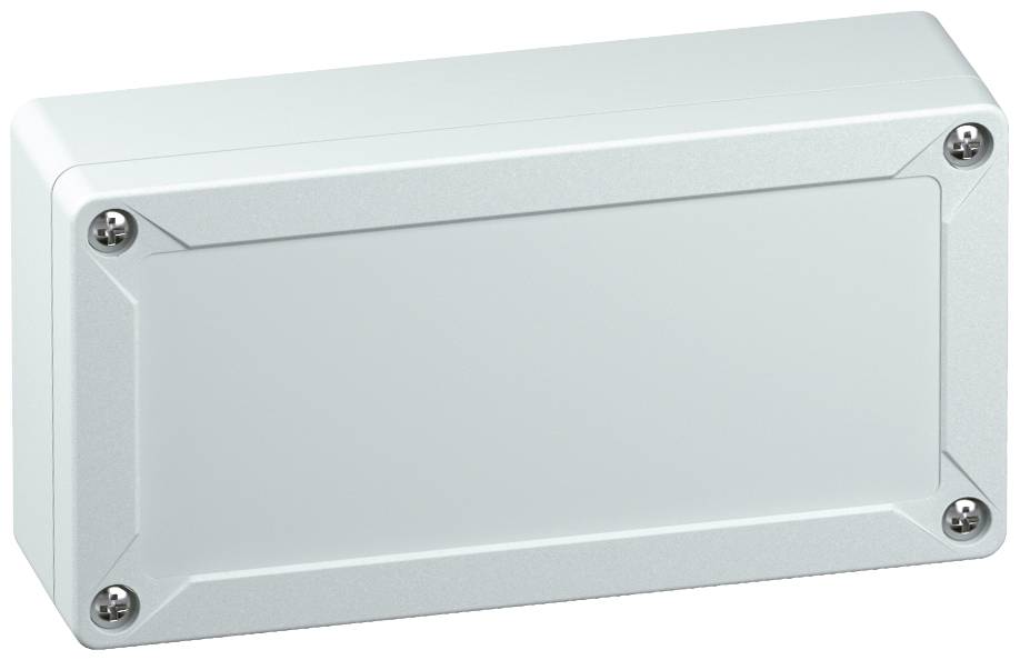 Rectangular grey enclosure with rounded corners and four screws in the corners. Suitable for electronics or wiring.