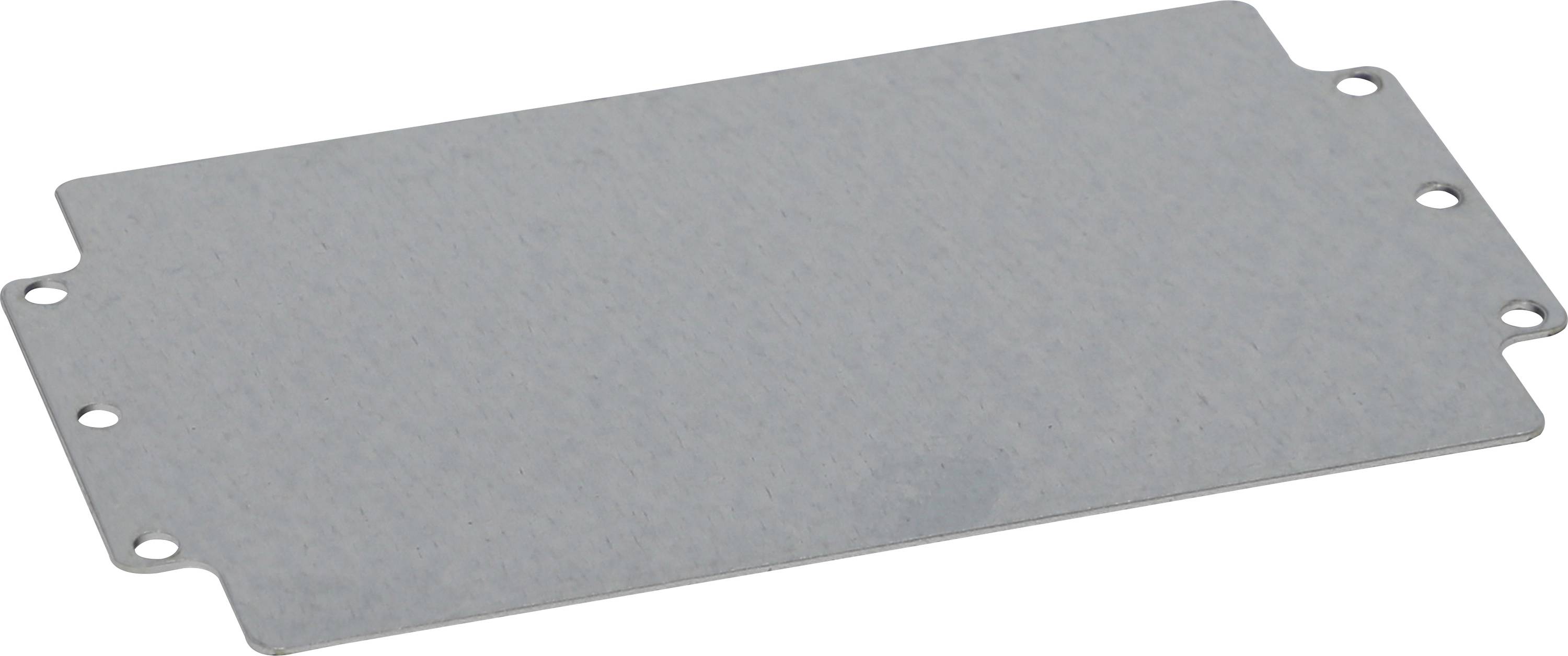 Rectangular, silver metal plate with rounded corners and four holes along the edges.