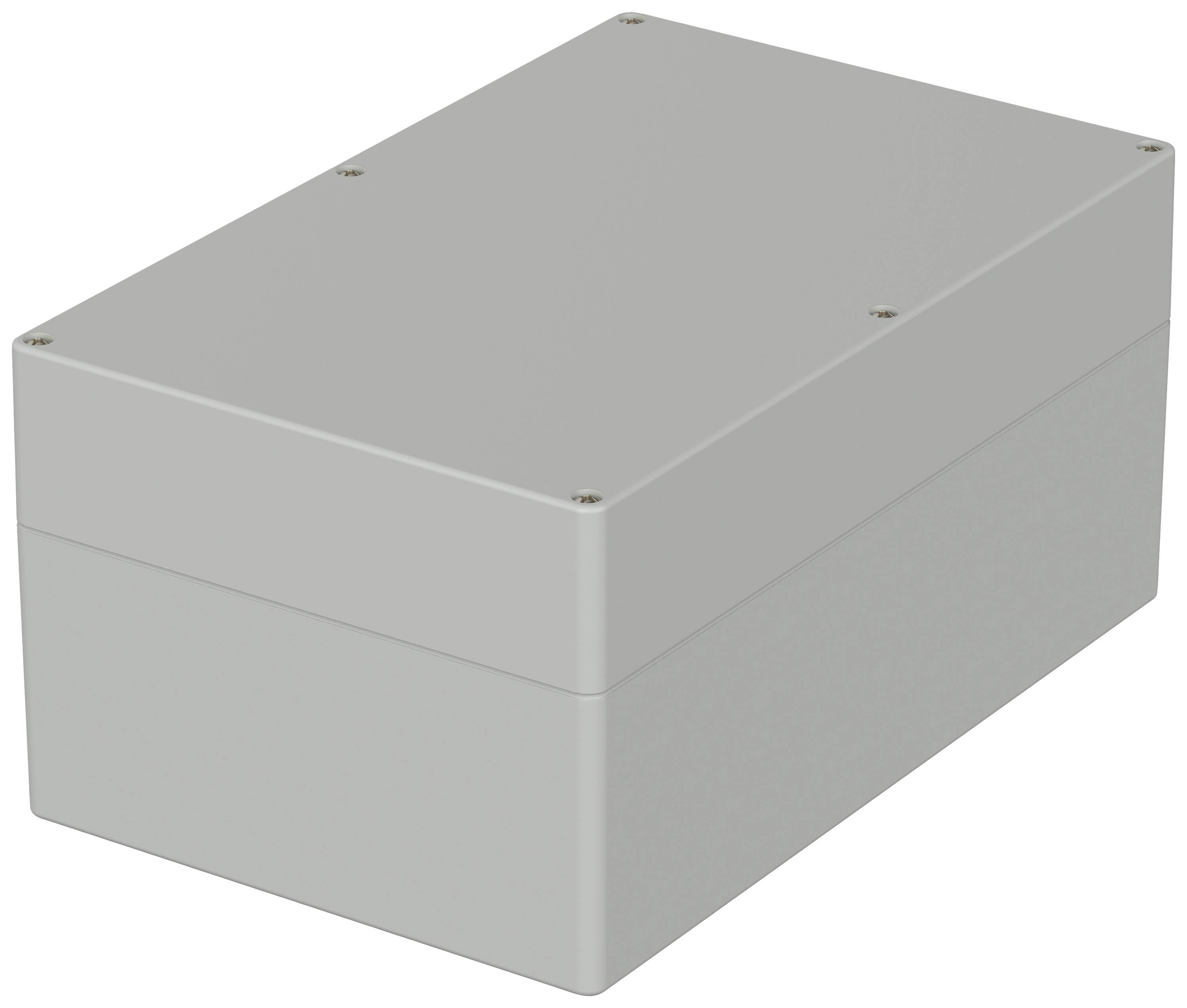 Grey, rectangular plastic enclosure, closed. Four screws at the corners. Designed for electronic connections and protection.