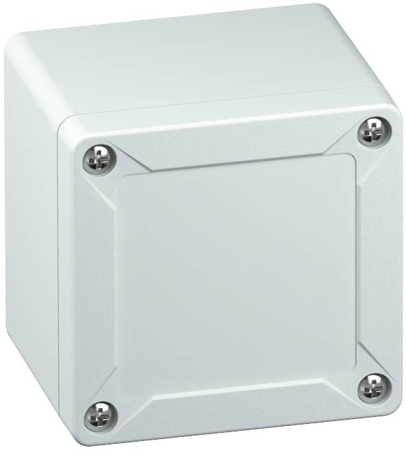 Grey electrical junction box secured with four screws at the corners; simple design, suitable for indoor installation.