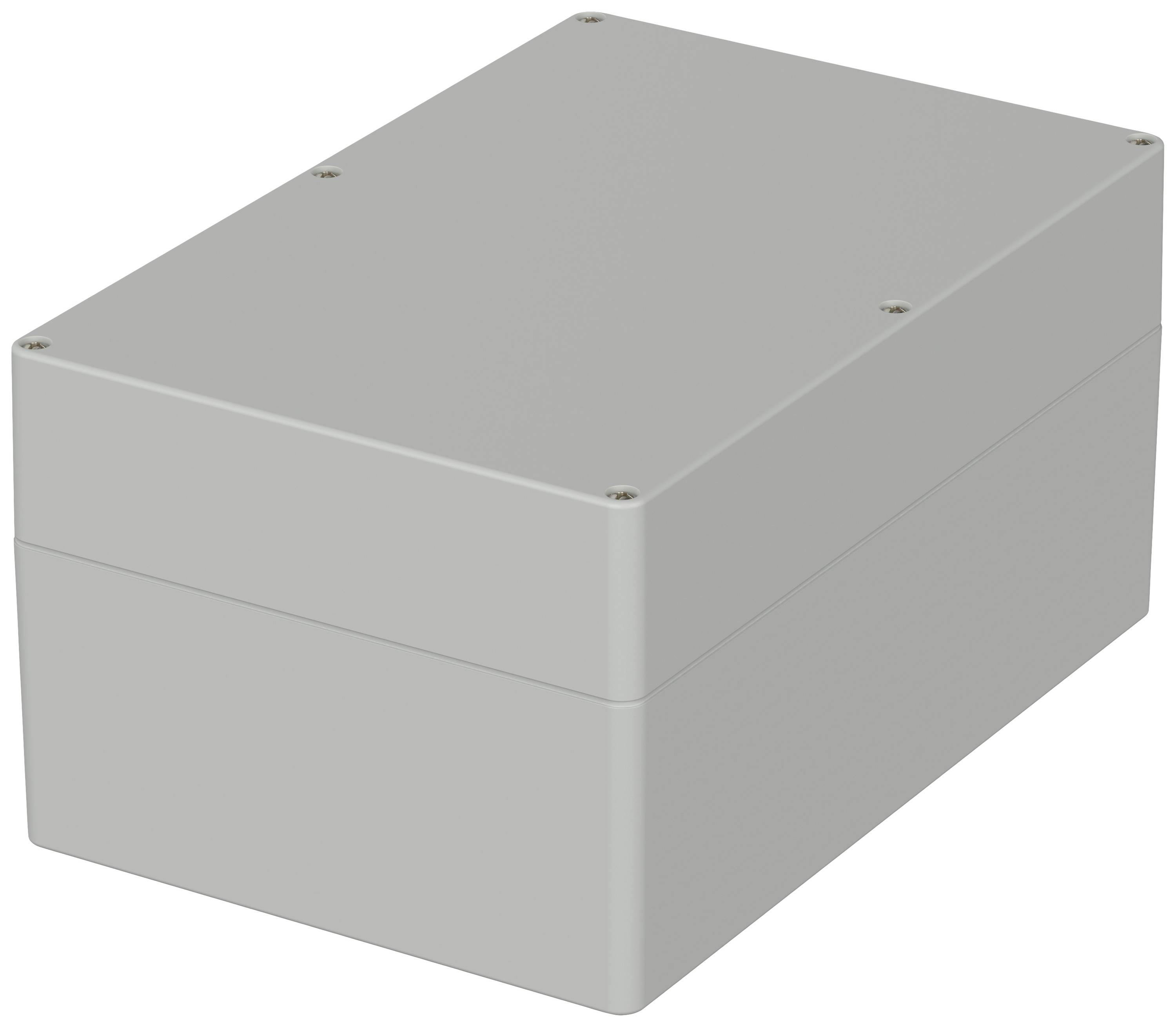 Grey rectangular enclosure with rounded edges and screws at the corners.