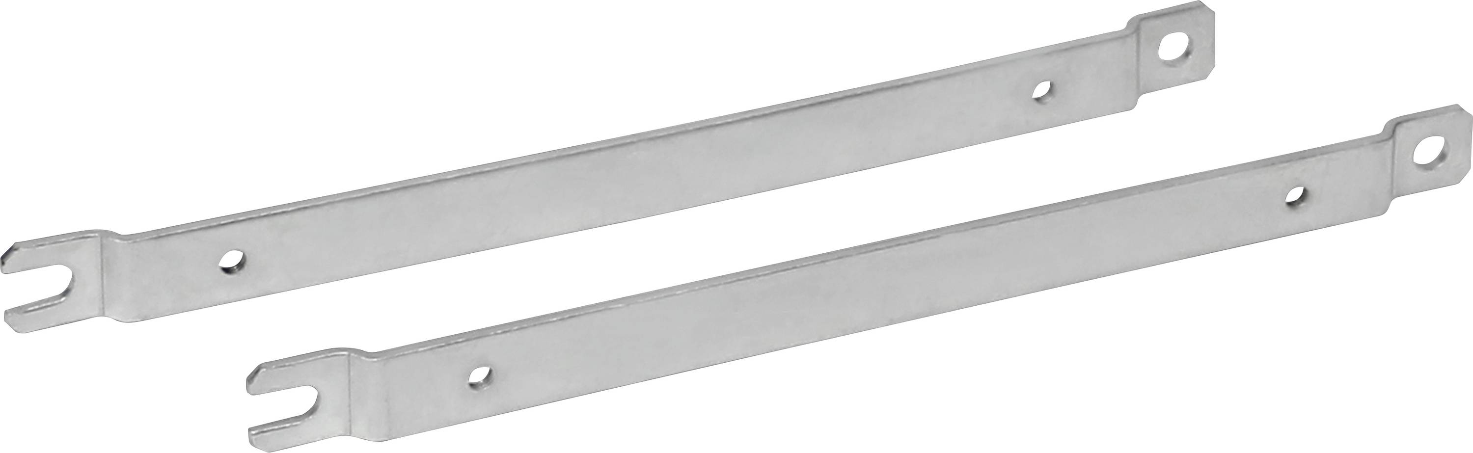 Two silver metal brackets with holes at the ends, arranged parallel to each other.