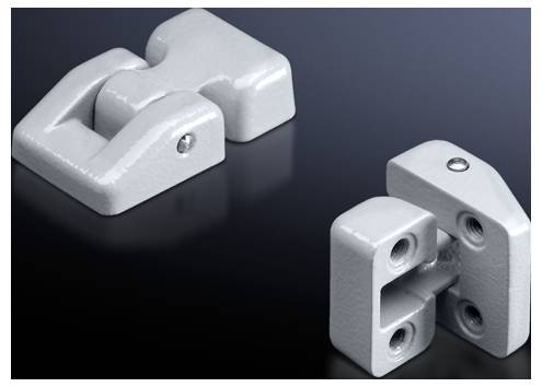 A grey metal hinge shown from two perspectives reveals its mechanical structure and connection possibilities.