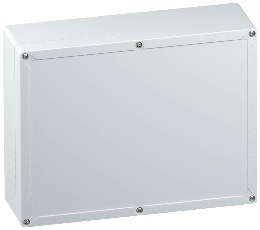 A rectangular, grey enclosure with screws at the corners. It is frequently used for protecting electronic components.