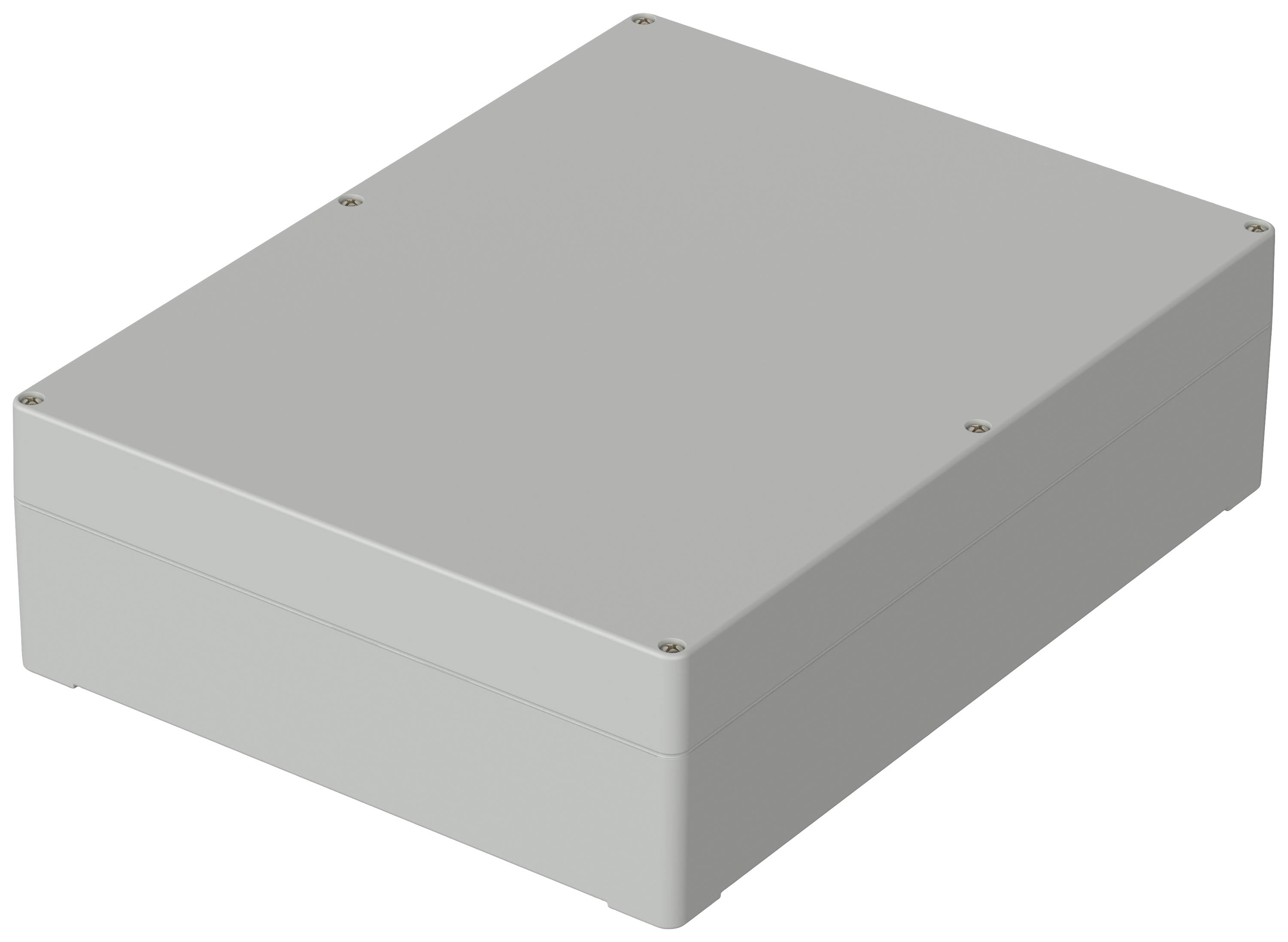 Grey rectangular enclosure with screws at the corners.