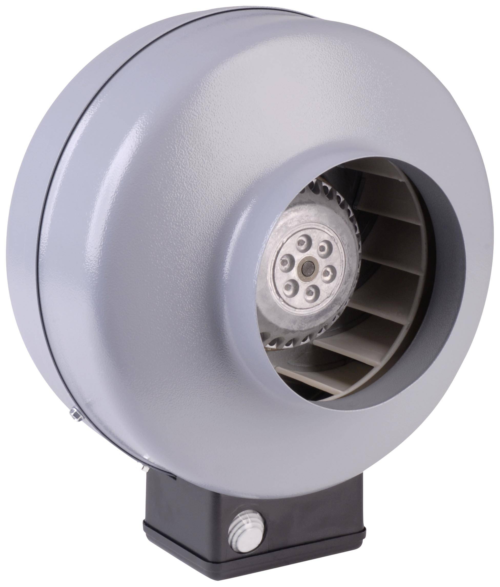 Grey radial fan with visible rotor, mounted on a black base. Designed for industrial ventilation systems.