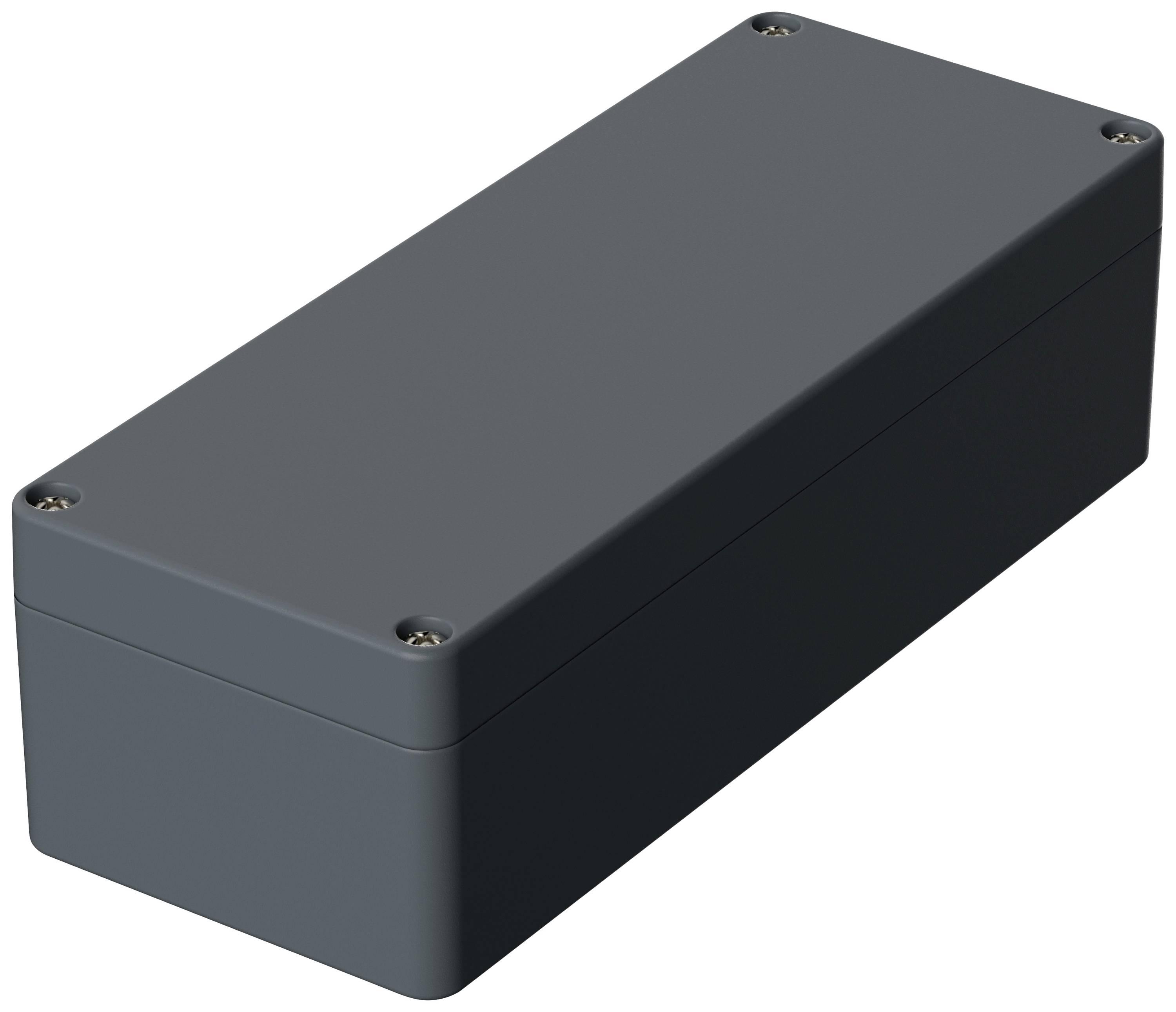 A rectangular, black plastic enclosure with screws at the corners. Suitable for electronic devices.