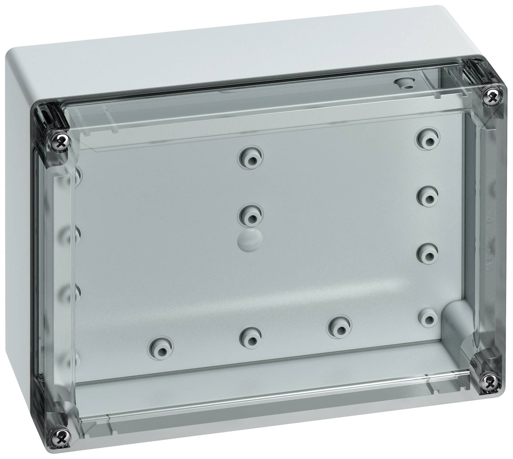 Rectangular, transparent enclosure with multiple screw holes and a clear cover, suitable for electronic installations.