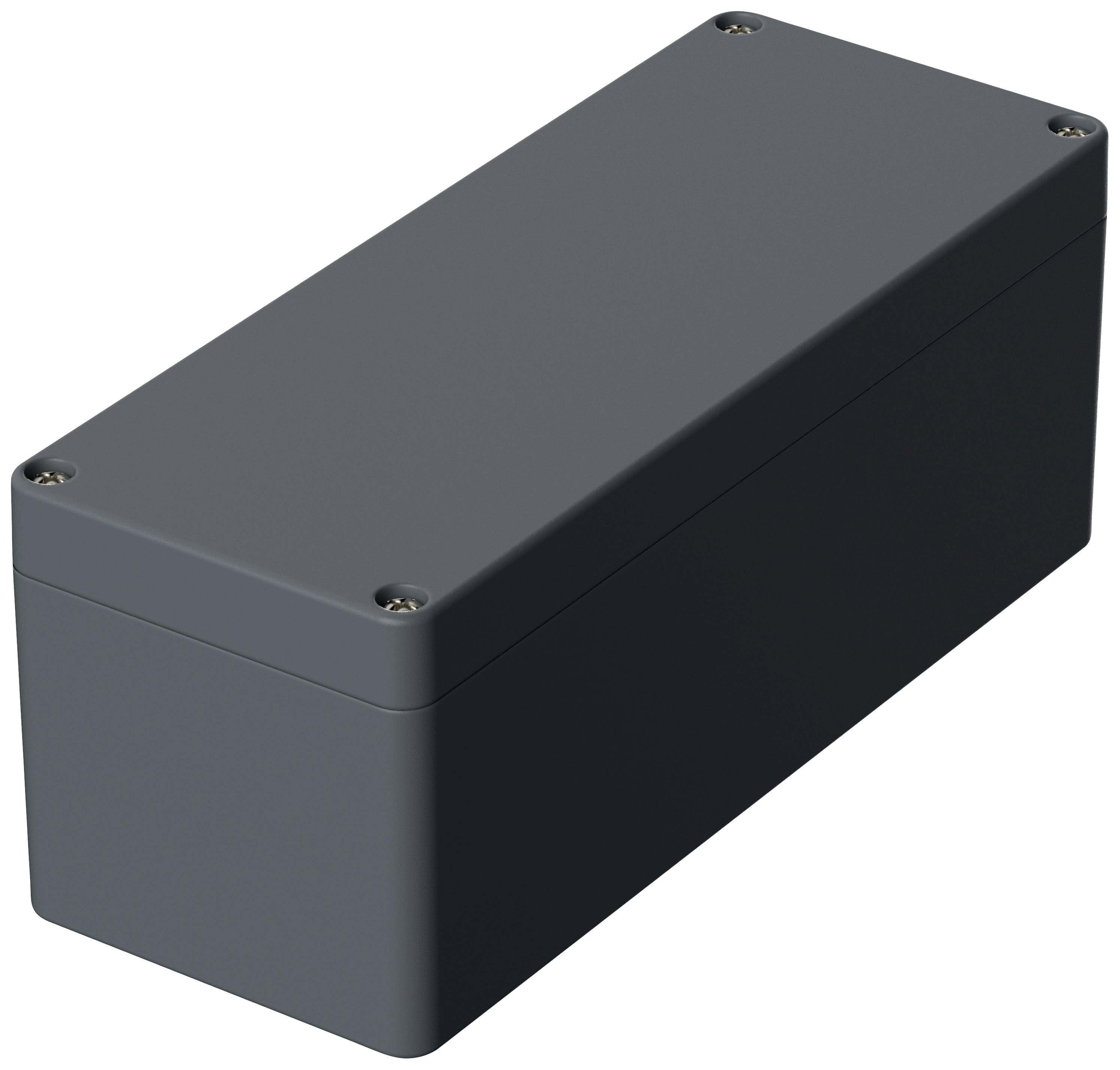 A rectangular grey enclosure with rounded corners and screws at the corners.