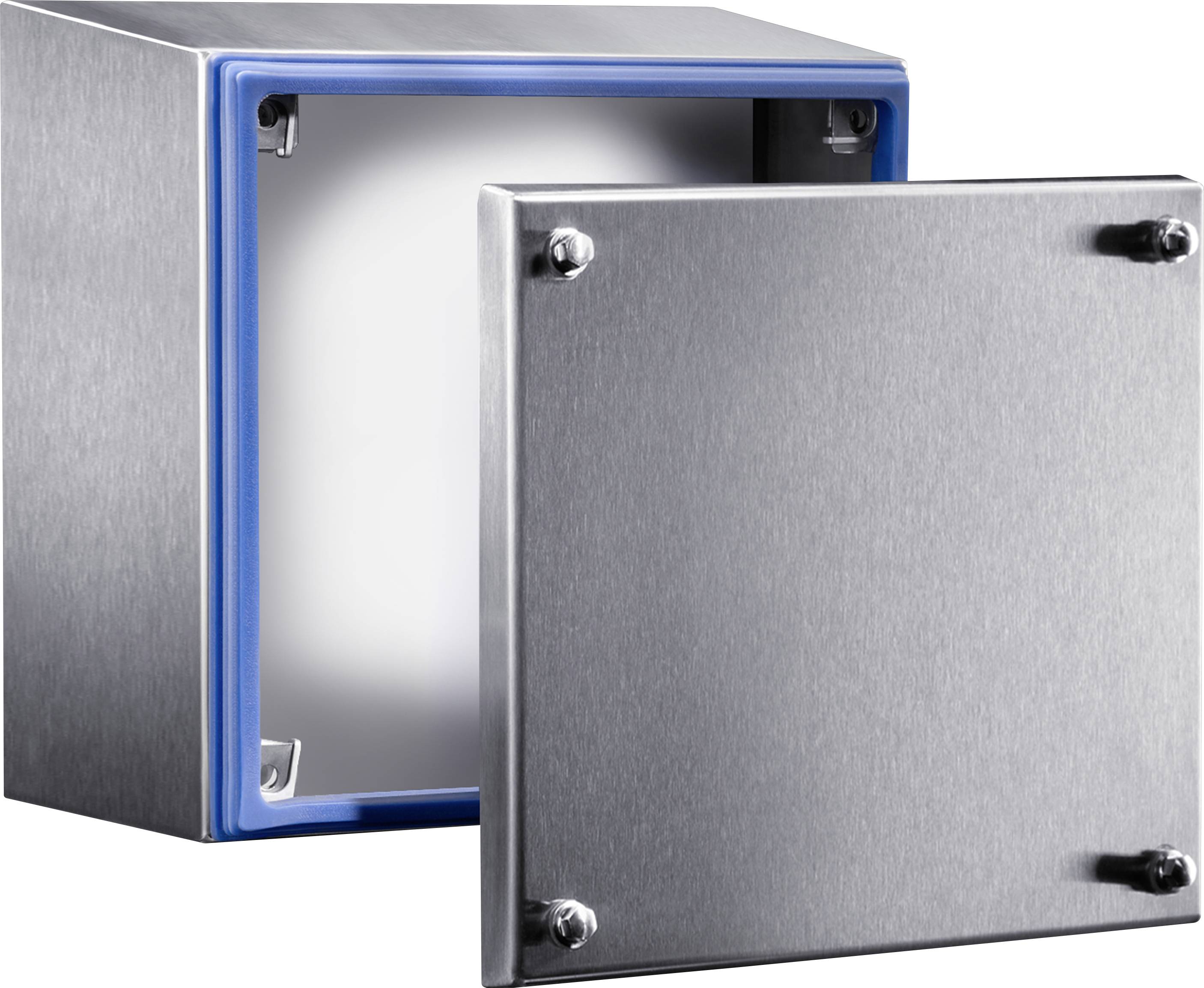 Stainless steel enclosure with removable lid. Suitable for use in industrial environments, protects internal components.