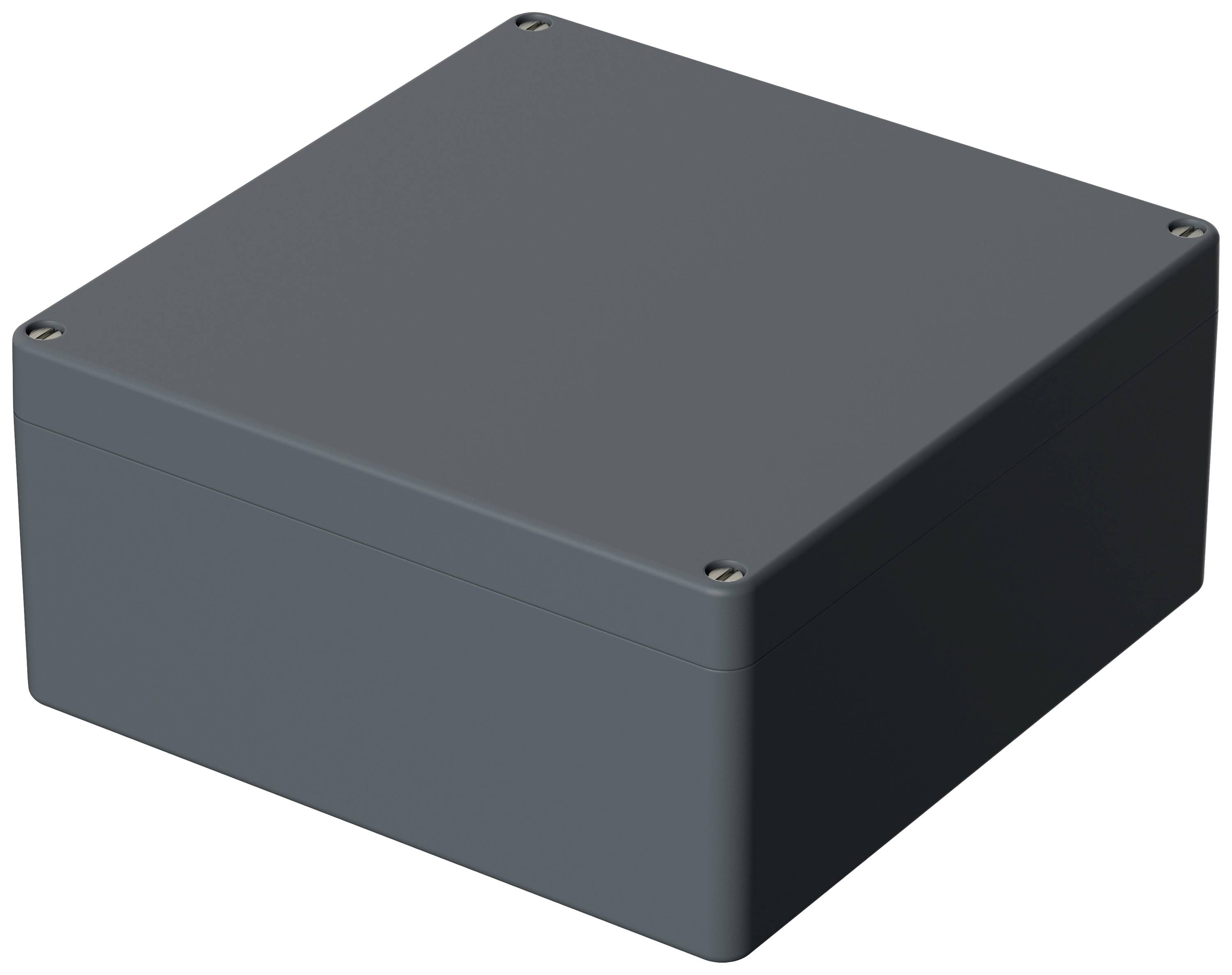 Grey, rectangular plastic electronics enclosure with rounded corners and four screws at the corners of the lid.