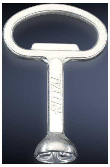 Key cap with 'Rittal' inscription, silver-coloured, against a blue background.