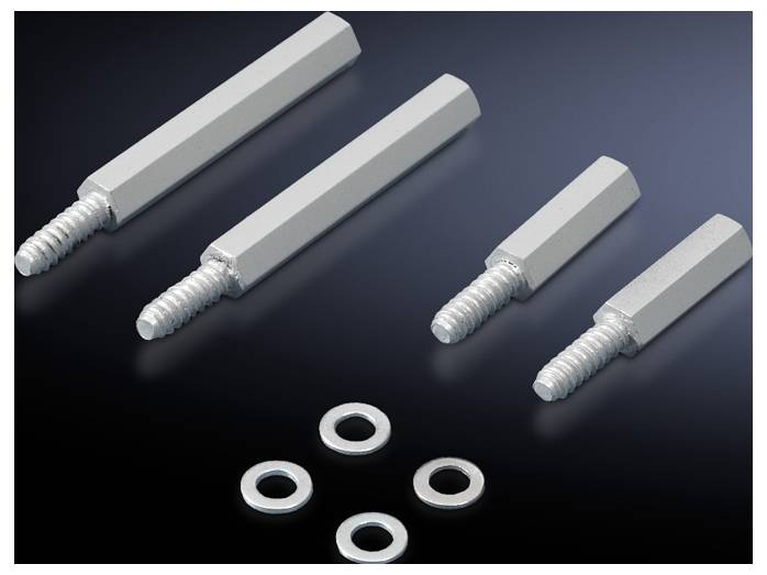 Four grey, hexagonal spacer bolts of varying lengths next to four washers on a black background.