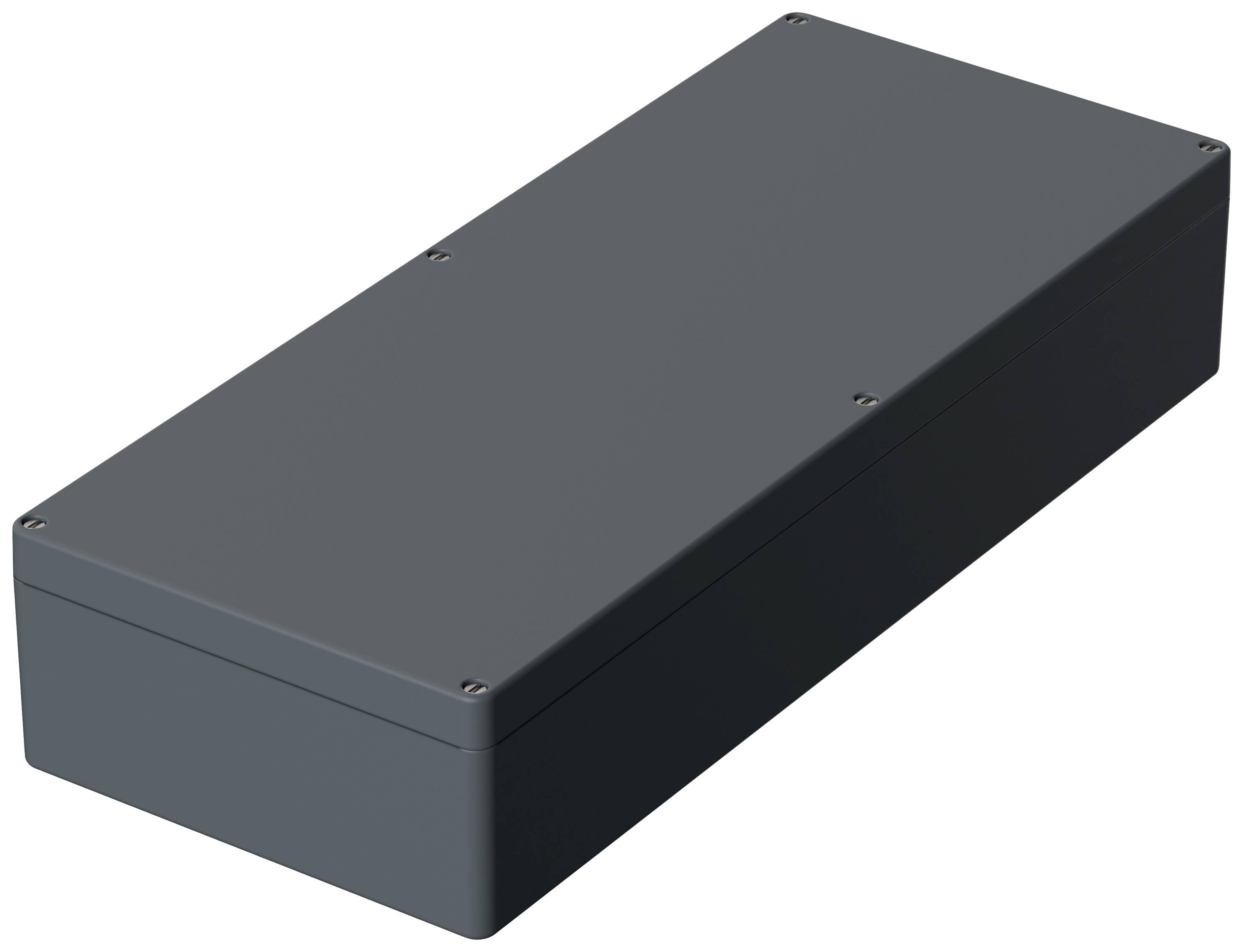 A rectangular, dark grey enclosure with rounded edges and small screws at the corners, possibly a protective case.