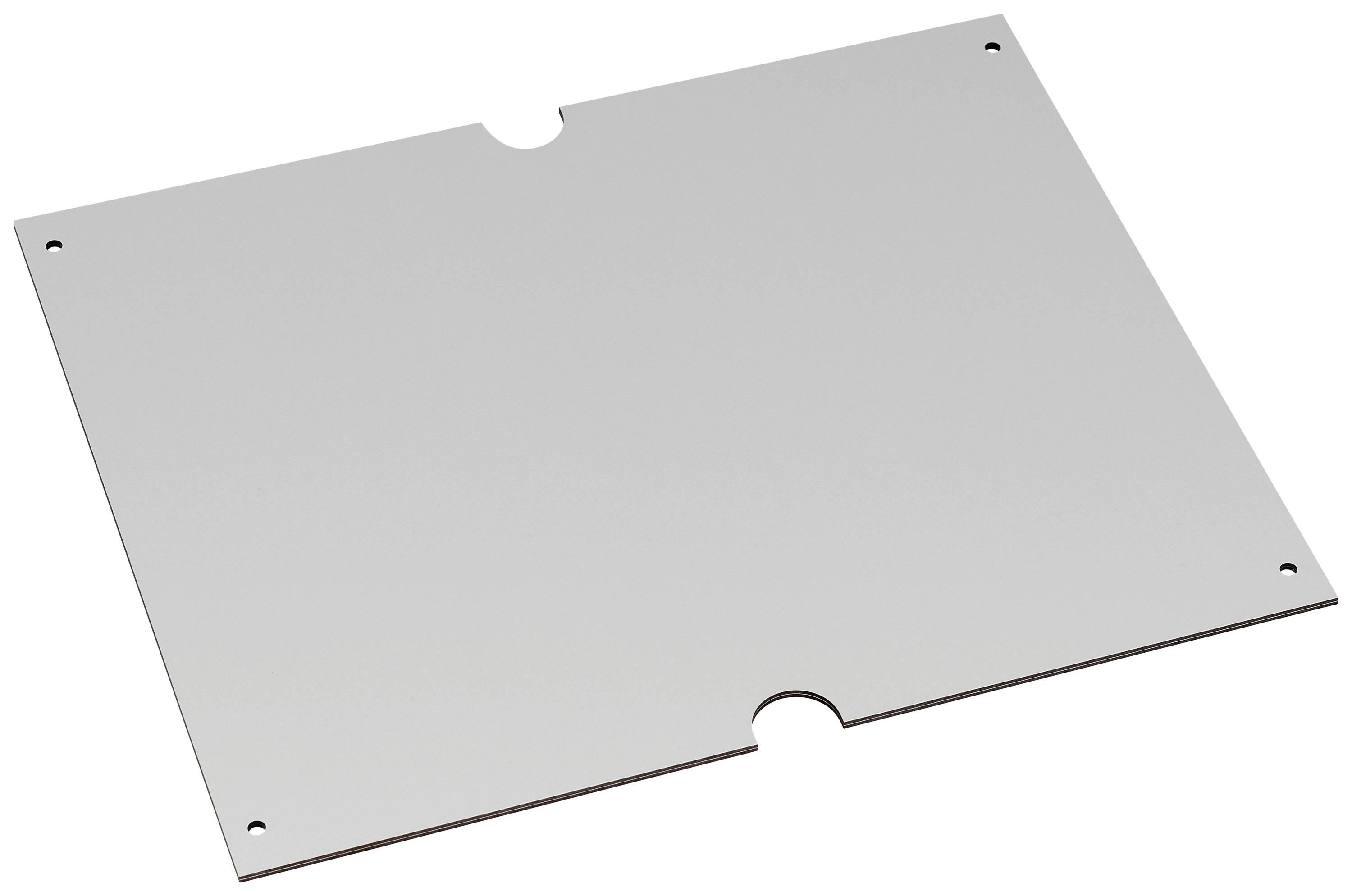 Metal plate with a rectangular shape, four holes at the corners, two notches on opposite edges, grey surface.