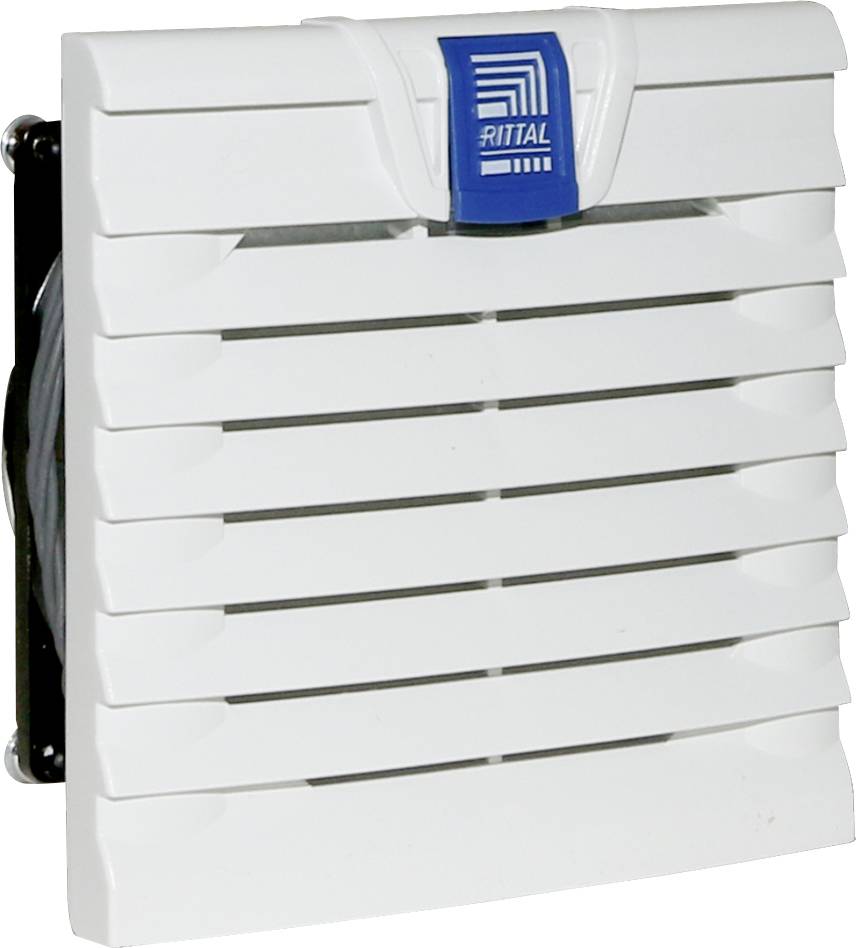 A white ventilation grille with horizontal louvres and a blue logo positioned in the centre at the top.
