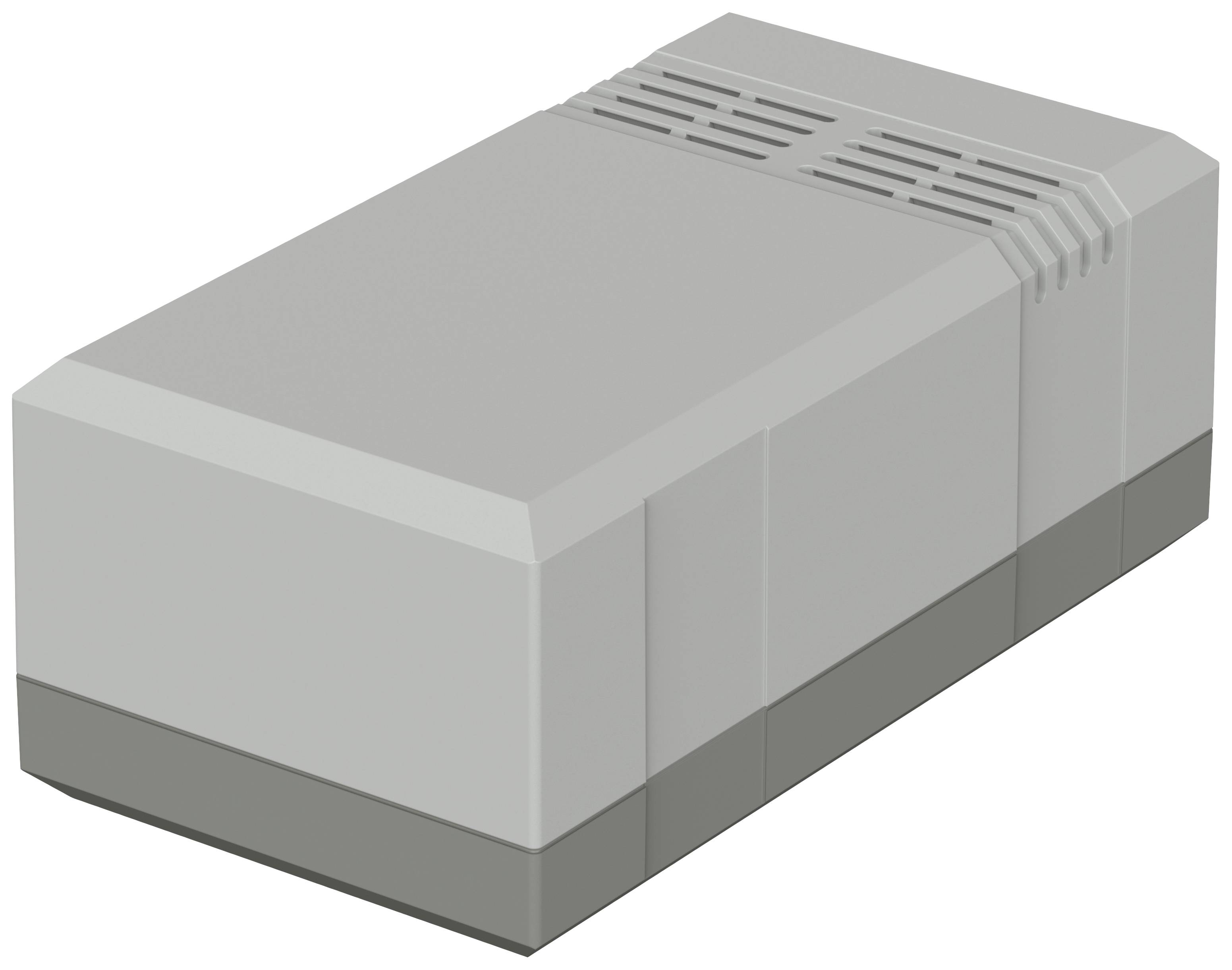 A rectangular, grey enclosure with ventilation slots on the top surface. Possibly an electronic device or component.