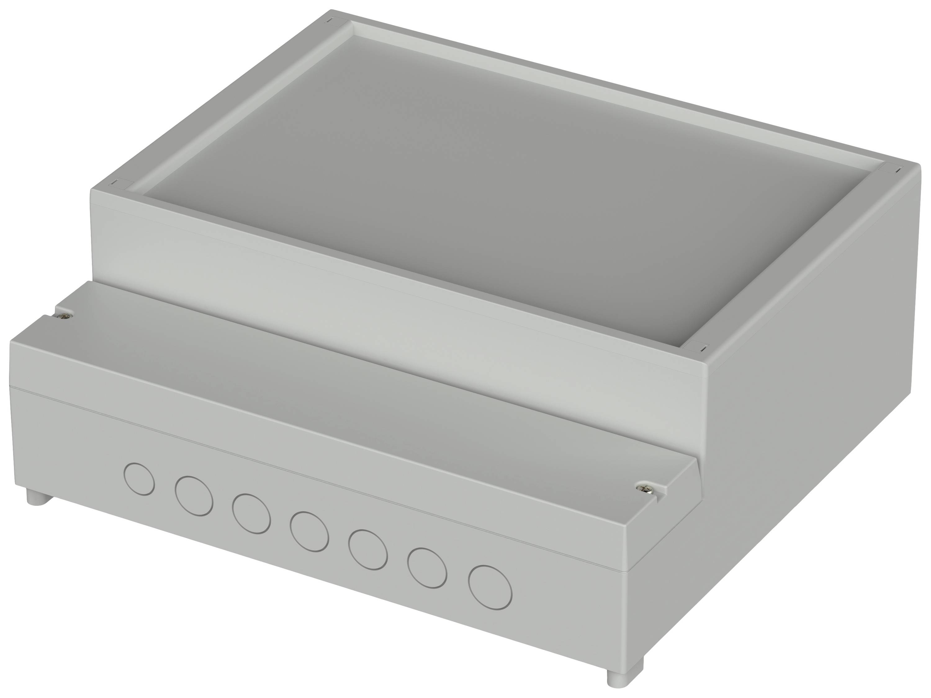 Grey rectangular housing with several round openings on the front; flat surface on top.