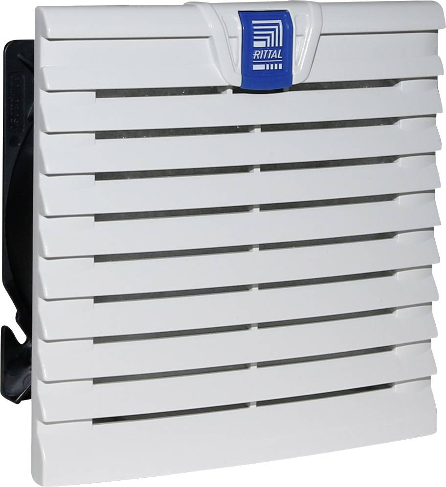 A white ventilation grille with horizontal louvres, with a blue logo and text 'Rittal' at the top.