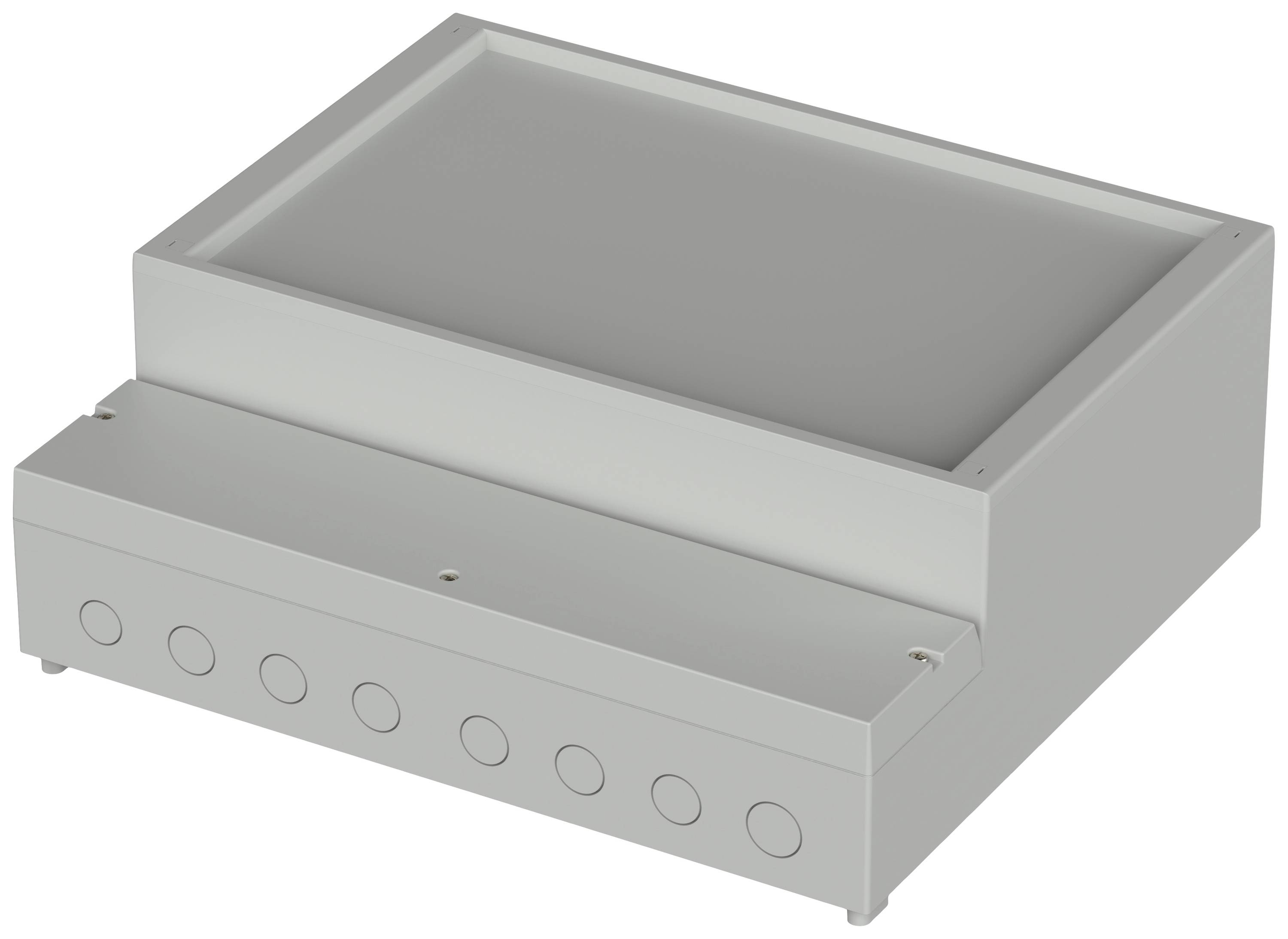 Metal housing with multiple round connection points on the underside; suitable for industrial applications.