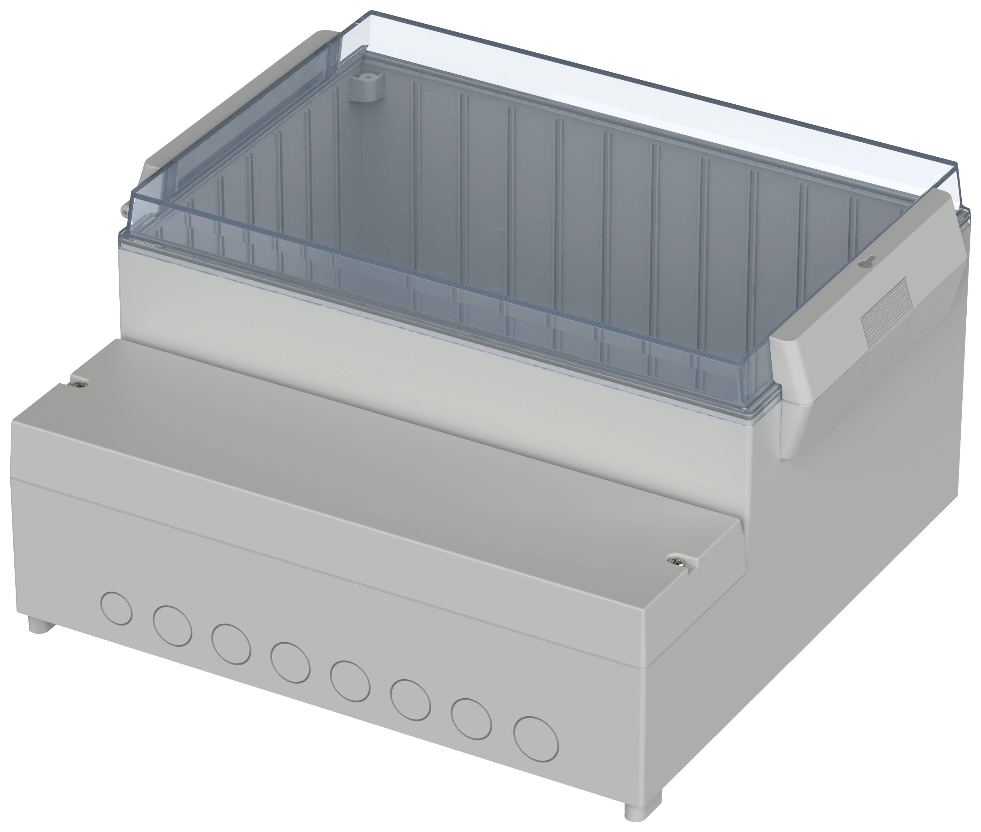 A rectangular, grey electronics enclosure with a transparent lid, suitable for multiple cable connections on the underside.