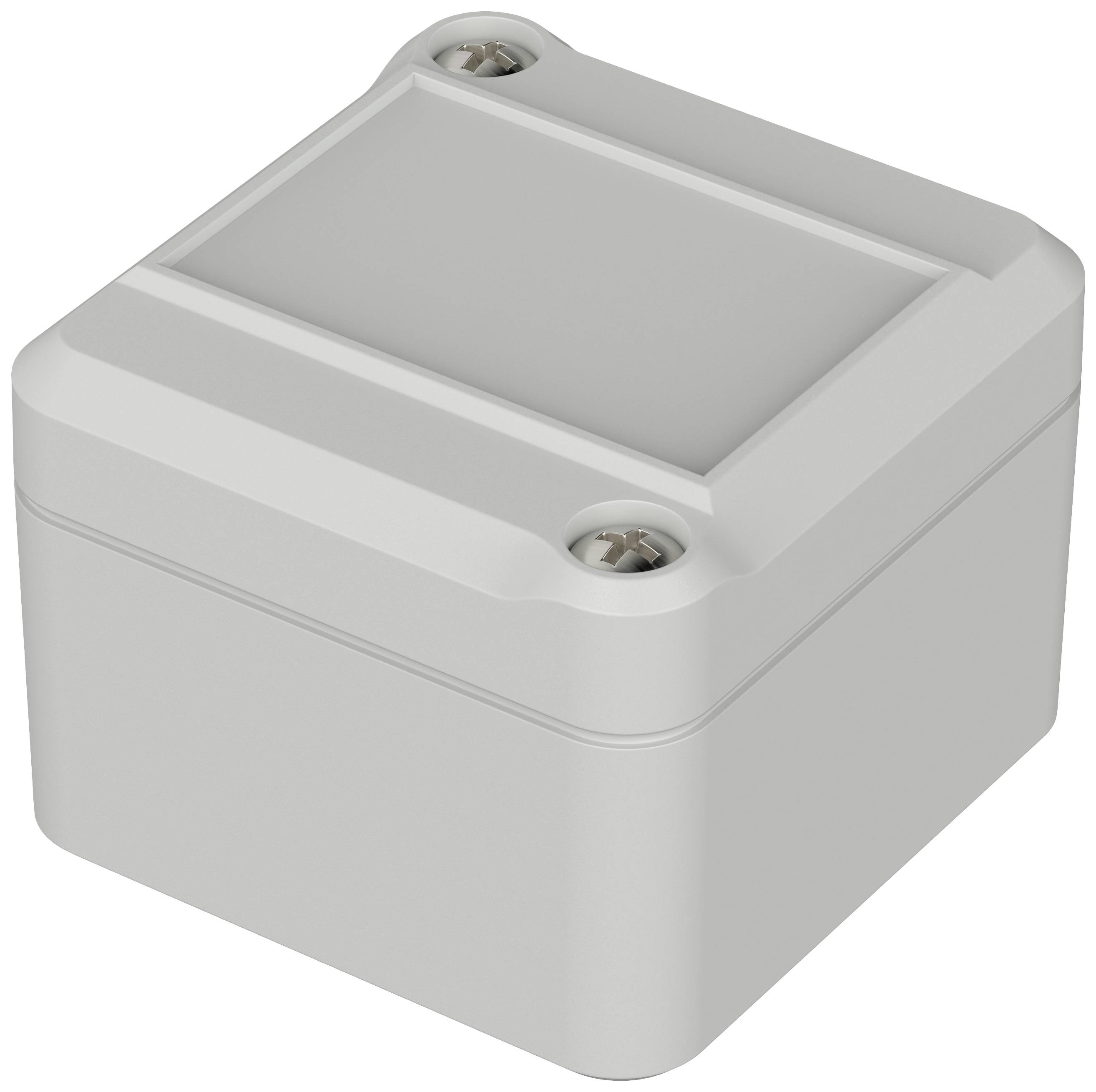 A small grey, rectangular enclosure with rounded corners and two visible screws on the top surface.